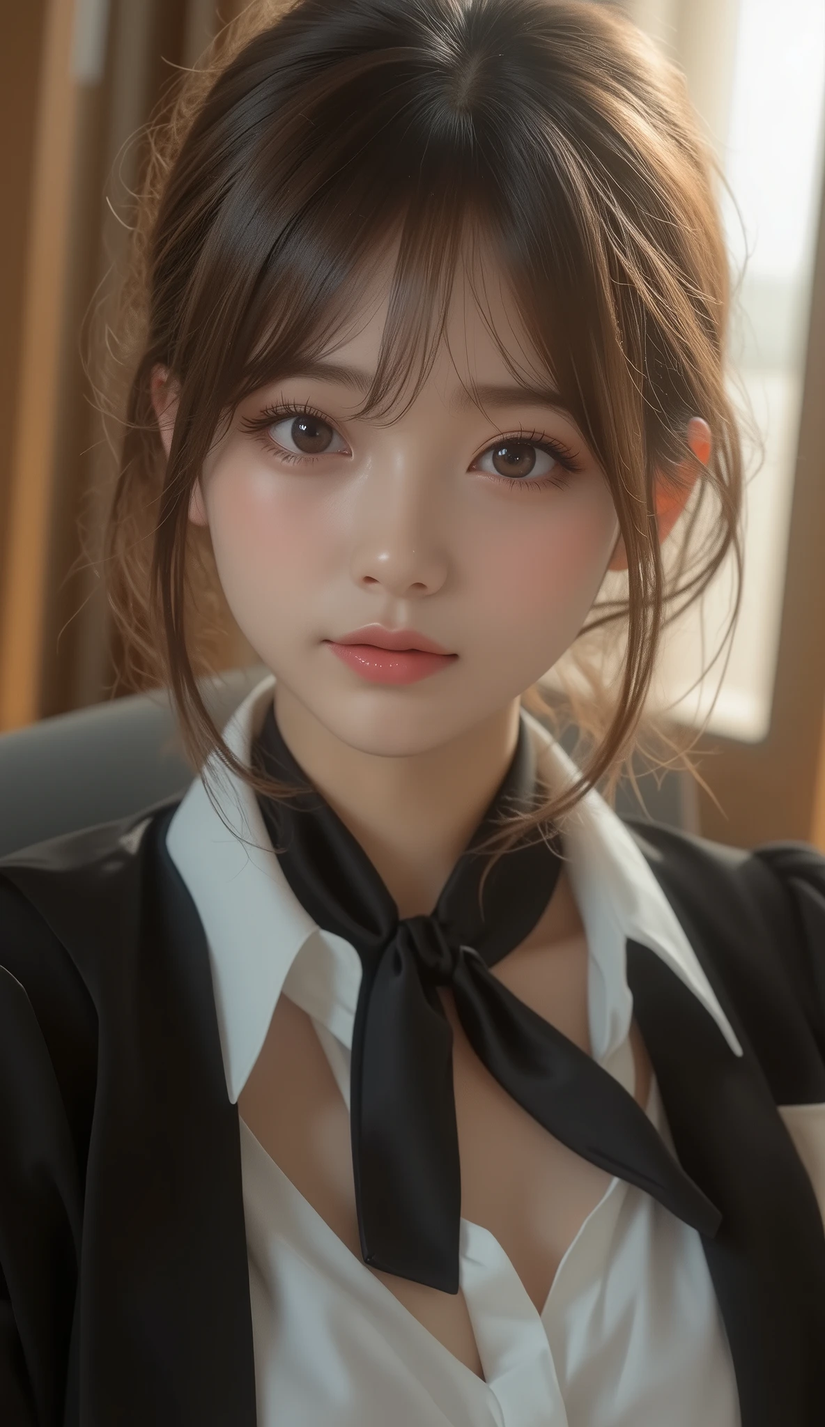 8k,ultra high resolution , Best Quality, masterpiece,rule of thirds,golden ratio,surreal,pictures, one woman,( girl:1.3),cute,cute顔, Beautiful Eyes in Every Detail , 細かくdetails,mature woman,princess,Full body,black hair,Unbalance Bob,ID photo, luxurious and beautiful ,( famous Japanese idol girl),(((smile))),business suits,short hair,natural colored lips,sit on a chair and cross my legs,smile,girl2人,red eyeshadow,wearing black tights,High heels, very delicate expression , delicate eye description,healthy body, ((Female 1)), Height: 160cm ,( thin waist:1.4)、( Beautiful :1.4), pink lips,Profile ,((( ideal figure))),Small A Cup Bust :2, portraits:2、 perfect anatomy 、鮮明な details、 details,thin lips,Perfect and beautiful face ,完璧でcute顔, meticulous skin , perfect limb that wraps around the body,thin waist, surreal,Light and Dark,fashion magazine cover,stage lights