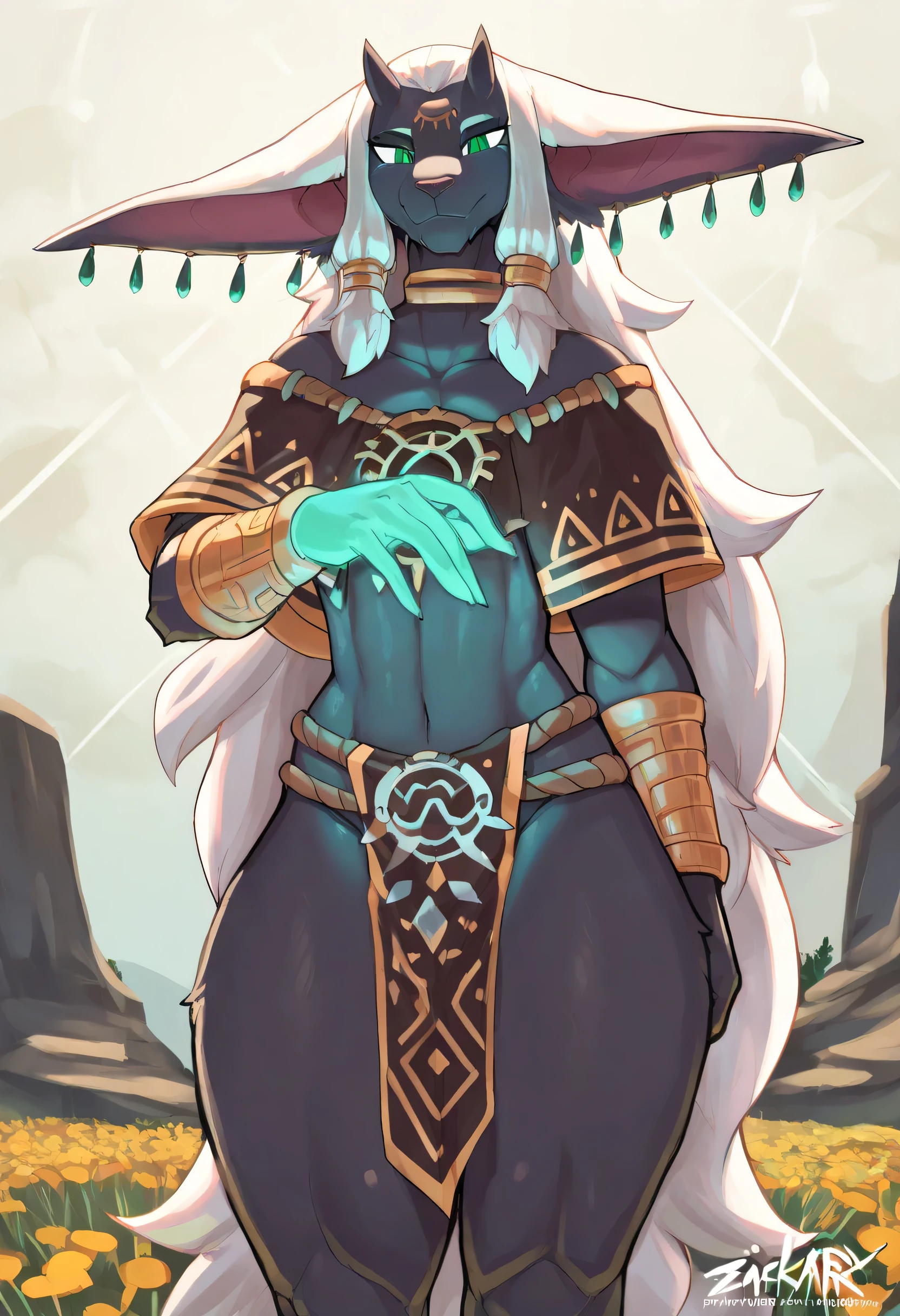 ((soft shading, 4k, hi res, detailed face, detailed, Best quality, masterpiece, perfect line art, perfect body, detailed anatomy, perfect shading)), by Zackary911, by Buta99, by Oro97, 1male, Zonai, anthro, r4urutotk, rauru totk, dark green-ish furs body, tiny horns, thin body, thick thighs, green eyes, floor-length white hair, big ears, glowing right hand, loincloth, ancient flowers field background 