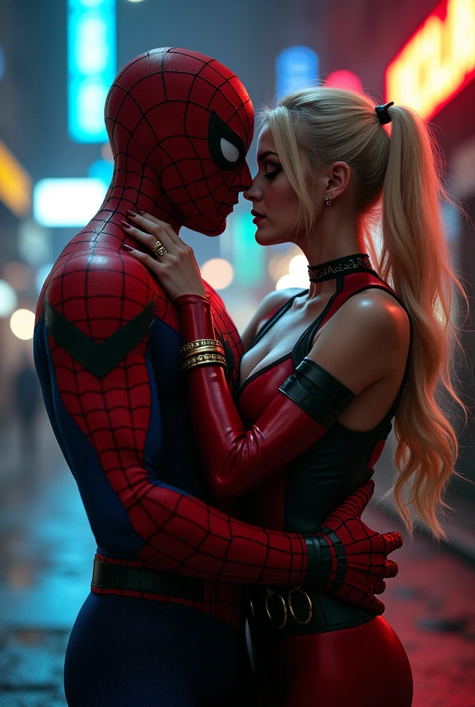 Spiderman is inserting his fingers in Spider Gwen’s vagina under her skirt, he is fingering her, she is in ecstasy,