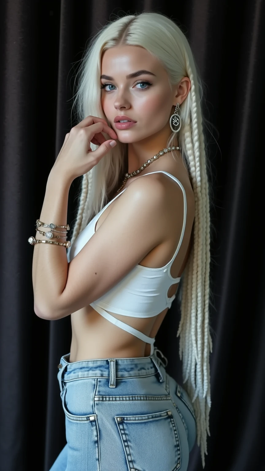 1 girl, Alone, (loves some things), Creating, (long blonde hair), (Absurdely long hair with braid), (Heavy braids), necklace, earrings, choker, (Top quality), (Higher quality), Sharp focus:1.2, ((Masterpiece)), Highly detailed, perfect face, Detailed face, Perfectly curved body, Dark perfect eyes, Detailed eyes, Feminine perfect figure, Hands with details, Narrow waist, Slim hips, Narrow hips, Slim hips, Dynamic poses, (Broad hips:1.2, Narrow waist, Big buttocks), Adapting, (School uniform