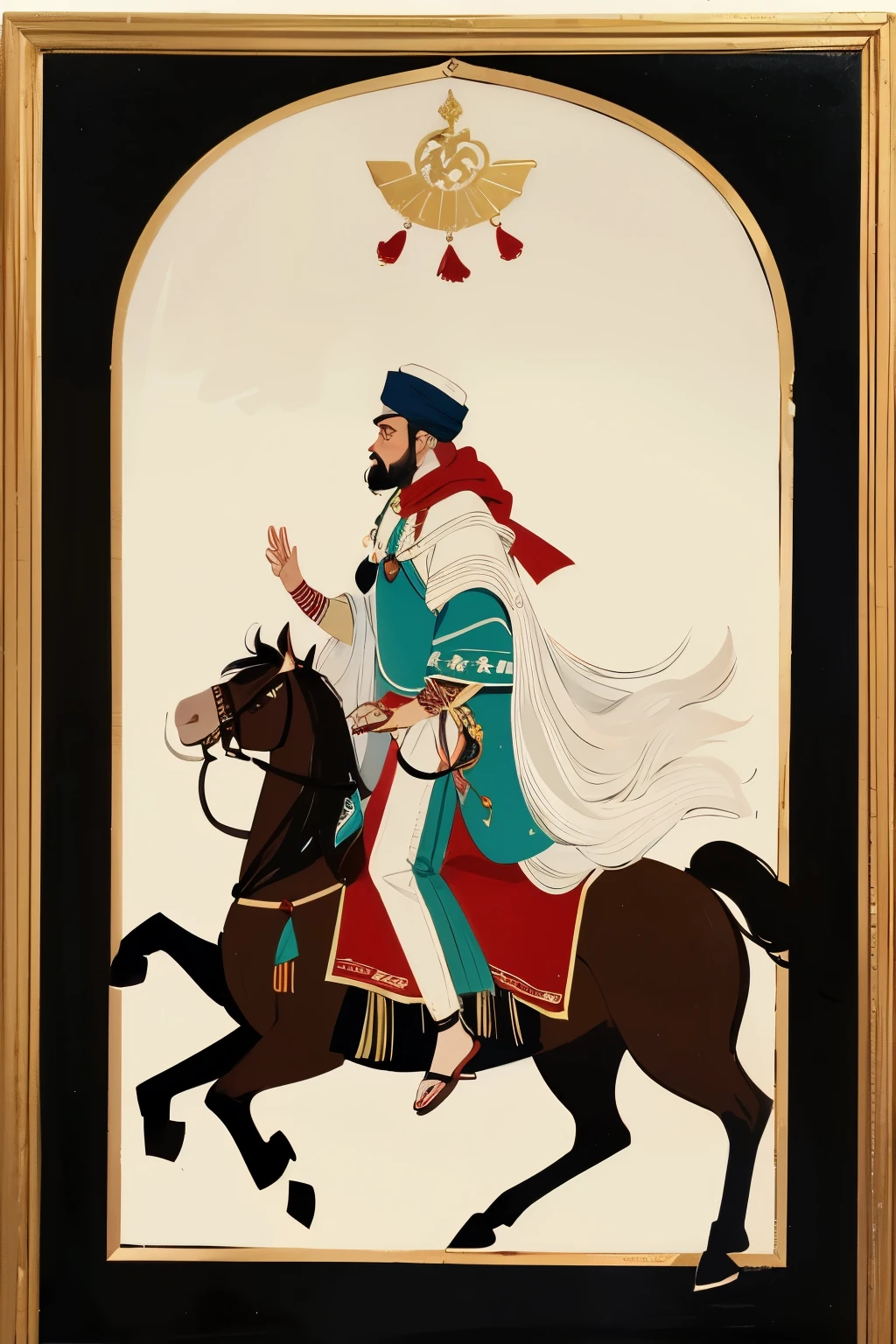 painting depicting Hazrat Shahjalal arriving in Sylhet. He is portrayed as a noble and wise figure, wearing a white robe, a white turban, and leather sandals. He rides a majestic white horse, which is elegantly decorated with a red saddle and intricate harness details. Shahjalal has a calm and composed expression, his right hand raised in a gesture of greeting or blessing. The overall composition captures the essence of historical Islamic and bengali miniature paintings, with precise detailing, bold outlines, and a limited yet vibrant color palette