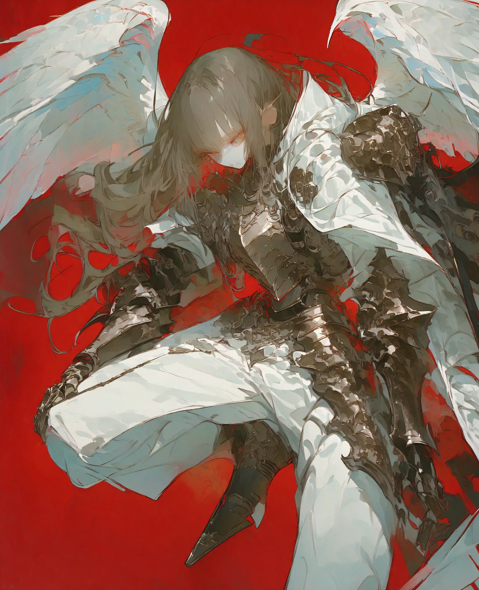 Copper Knight,Full Body Armor,thinเพรียว,red background,thin,cool, assassin,white coat,Copper Armor,Winged Iron Demon