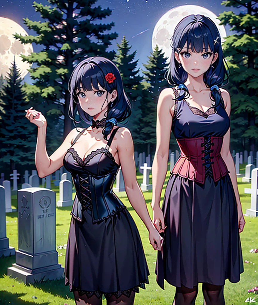 realistic,1 woman, 1 woman, 1 woman (BLACK hair), red eyes, bright eyes, cropped top, skirt, lips parted, blush, night, flowers, sun, sunlight, full breasts, large breasts, front poses, confident look, graveyard, gothic girl, oriental (PERFECT HANDS), perfect hands, BLOOD ON THE FACE