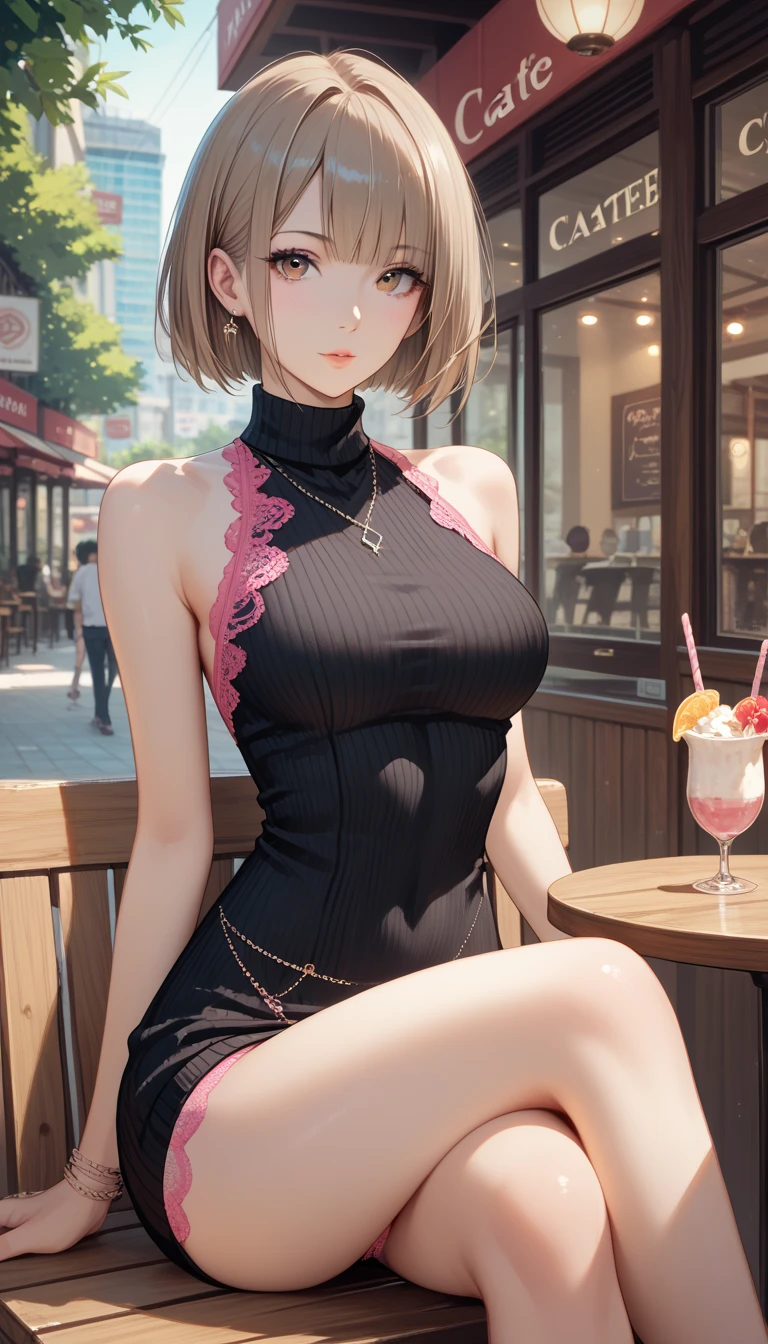 Please follow the all prompts below exactly and faithfully, This is a masterpiece of the most beautiful digital illustrations in the highest quality with maximum resolution, UHD, 512K, 2160p, 10 million ppi, 300 million dpi, natural tones, created with ultra-clear details, the highest realistic skin and hair texture, the most beautiful detailed eye features, a perfect anatomically correct human body, a beautiful background with depth, the rule of thirds, depth of field, and the best and most beautiful natural lighting, 1woman, 35years old, (dark brown skin:1.8), beautiful face, elegant mature woman, Ultimate beauty of all time:1.5, Ultimate attractive face that combines sexiness and eroticism:1.5, Slut:1.3, solo:1.3, beautiful big breasts, highly upturned breasts, light blonde hair, short hair, Shag, (eyes visible through hair:1.3), glossy very thick lips:1.3, pink lipstick:1.0, cross legs, shiny red clothes, short camisole:1.5, ultra miniskirt:1.3, (black sunglasses), neckless:1.5, earring, bracelet, (at the cafe terrace:1.5),