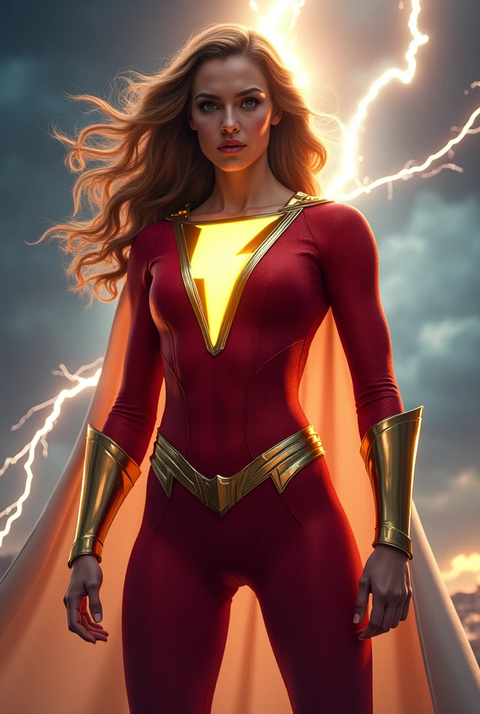 Lady Alafay in golden tights poses in front of mountains，Clench your fists, endless power, endless, Female Giant art, endless, Similar to Marvel Comics, Female Giant, Daz Studio Genesis 1, Jean Grey, Daz Studio Genesis 1 ultra hd, macro Female Giant, endless dawn, highly detailed Female Giant shot, goddess. Extremely high detail