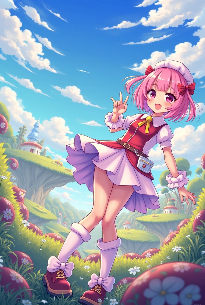 1girl, hrkzdrm_mgc, hair bun, short hair, red hair, pink eyes, witch hat, jewelry, earrings, pink dress, skirt, puffy sleeves, pink gloves, beach, standing <lora:harukaze-doremi-magical-000040:0.8>
