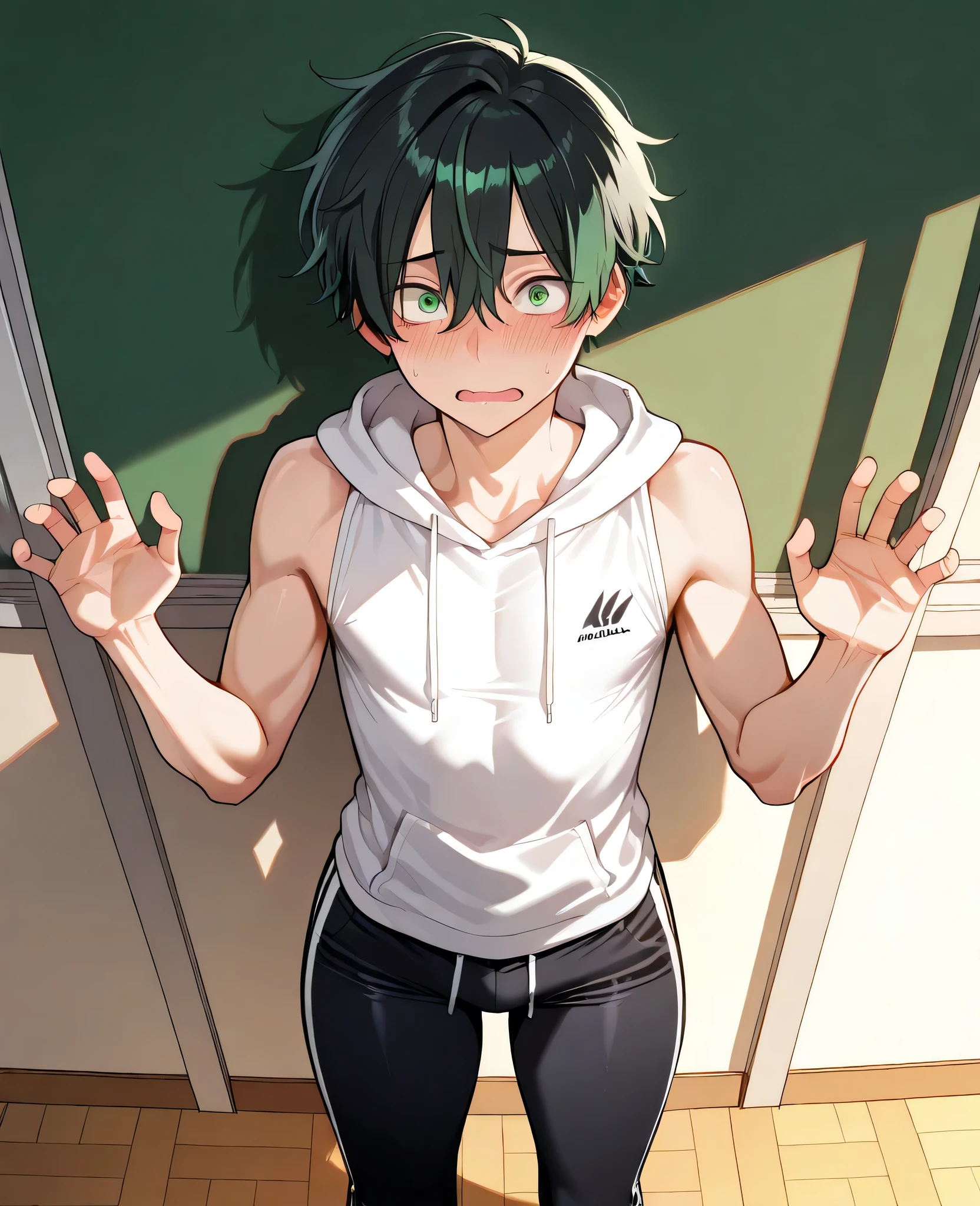 Boy, twink, black hair, beautiful, short hair, tall height, light thighs, faded green eyes, curly hair, hair between eyes, light hips, thin waists, light ass, flat chest, athletic, detailed eyes, detailed face, detailed body, adult, detailed classroom, detailed eyes, make up, white sleeveless hoodie, black loose cotton sport pants, detailed image, bully, solo, evening, shocked, standing, looking at viewer, front view, flustered, hands up, pushing viewer away, back pinned to wall, from above, nervous