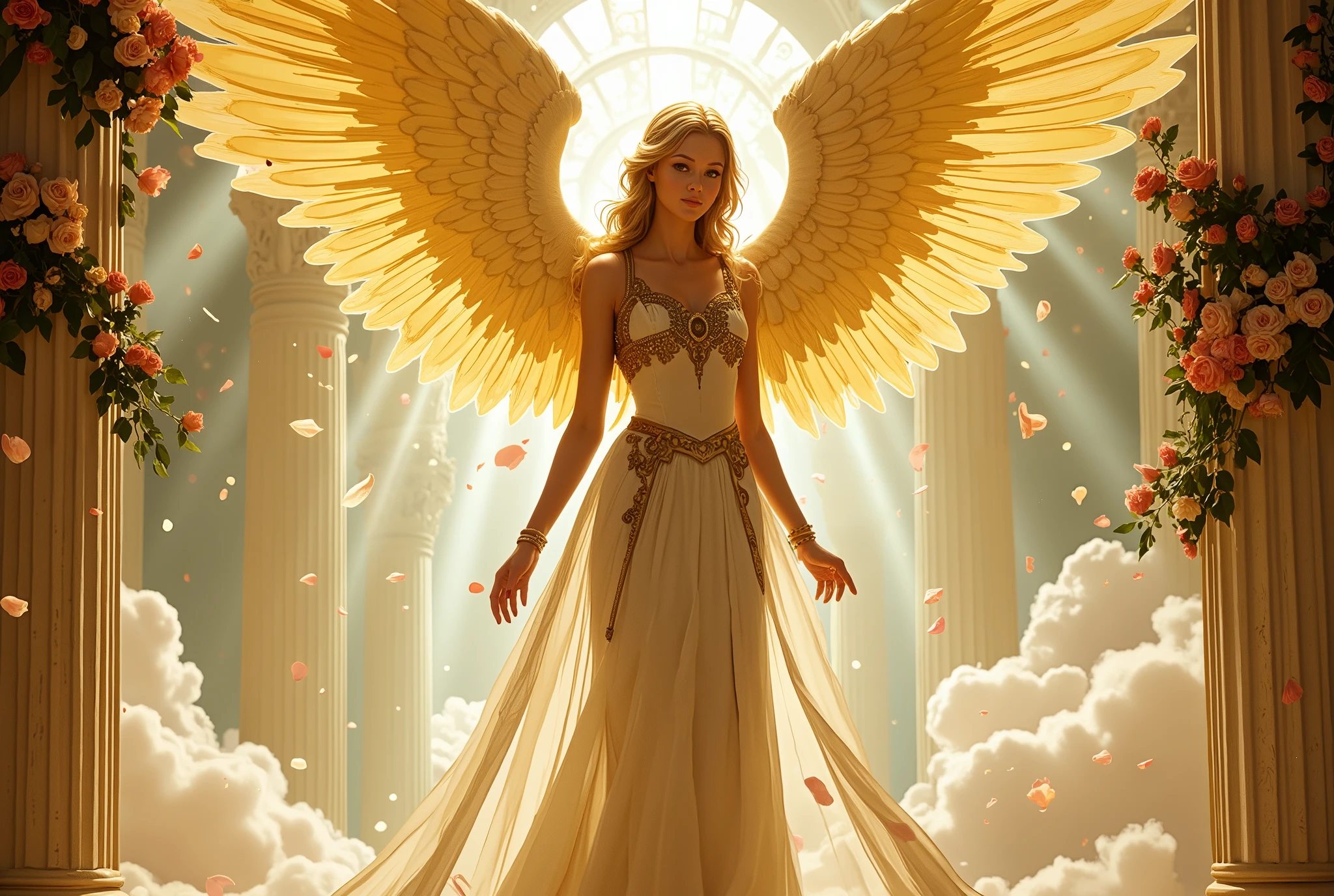 A golden-winged angel standing in a celestial sanctuary, soft rose petals falling around her. The angel looks gently to the side, with a serene and introspective expression. She wears a flowing white and gold robe, delicate details in lace and silk. The golden feathers shimmer softly under divine light streaming through ethereal columns. The environment is filled with a sacred, romantic atmosphere, with gentle highlights and soft shadows. The background features heavenly clouds and subtle floral elements.