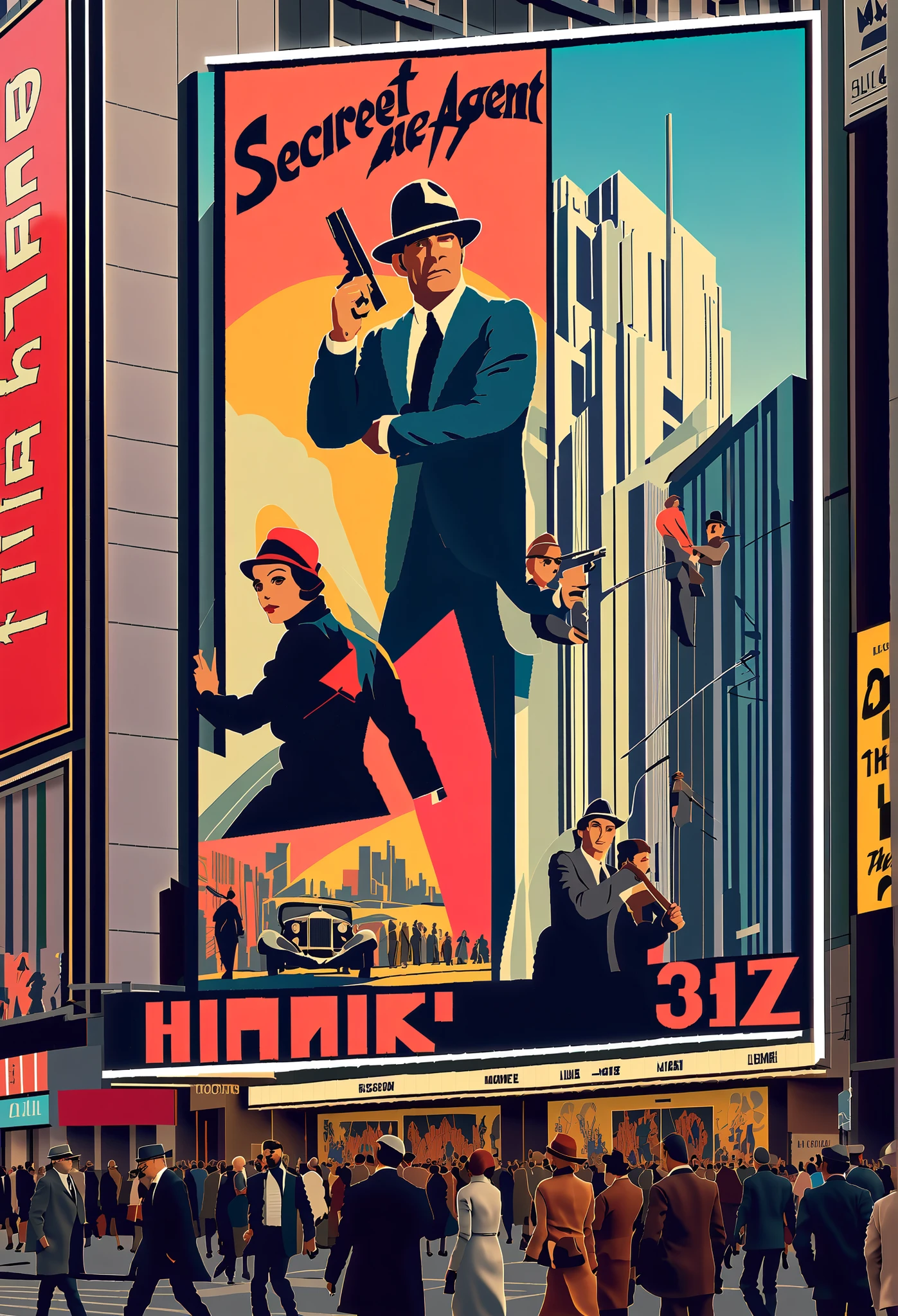 (best quality,4k,8k,highres,masterpiece:1.2),ultra-detailed,on the billboard in the city's cinema, a large poster of the movie with the name "SECRET AGENT", in the background a crowd of people on the streets of a city, (art deco:1.2), 70's.