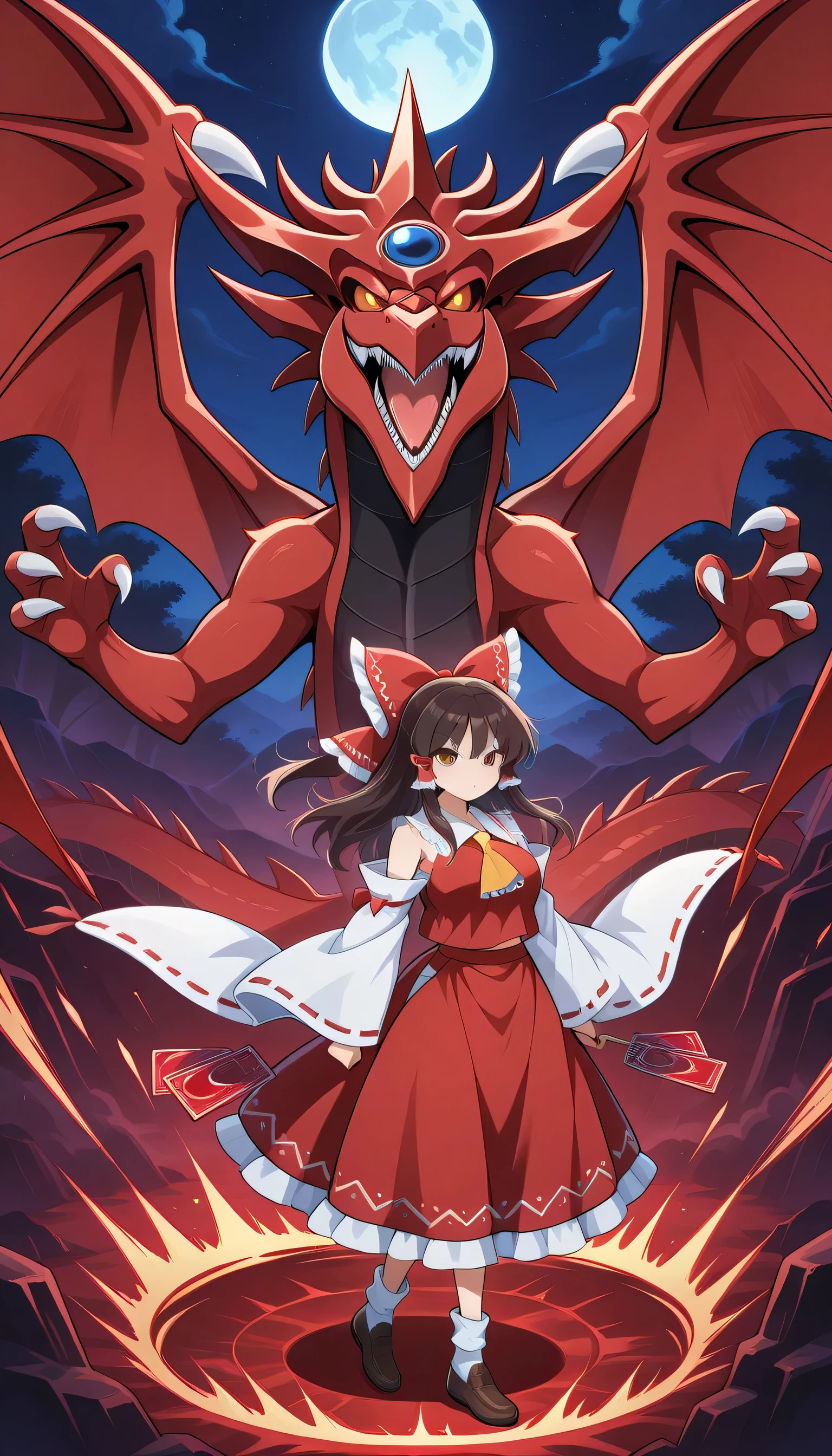 hakurei reimu, a chic, , brown eyes, brown hair, Long Hair, sidelocks, hair tie, hair tubes, ruffle tie , yellow tie , red shirt, ribbon-trimmed detached wide sleeves, red skirt,Yugioh card in hand, holding a cardboard, separate wide sleeves with TSD ribbon trim, red scale, White Claw , dragon , large breast with two mouths,