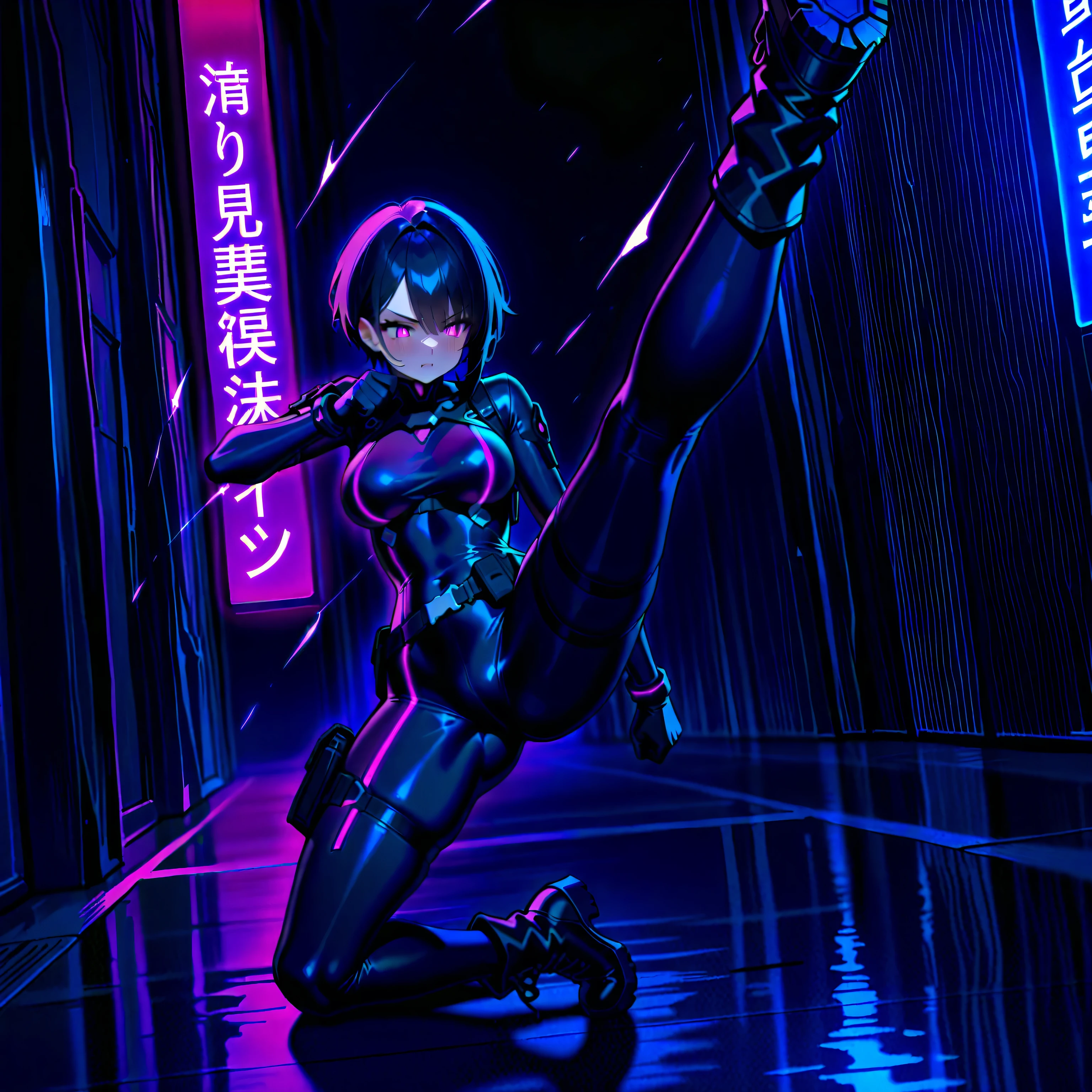 ultra-detailed, Explicit, Beautiful body, Beautiful Nose, Beautiful character design, perfect eyes, perfect face, ultra highres, 4K, beautiful legs, perfect legs, Nice hands, Perfect hand, Masterpiece, Best Quality, Highly detailed, illustration, absurdres, perfect anatomy, street fighter, doll suit, shadaloo doll, dollsuit, expressionless, blank eyes, looking at viewer, red gloves, emotionless, black latex, corruption, mind control, female combatant, full body, hypnotized, unhappy trance, full body suit, ribbed bodysuit, both arms at side, obey, perfect female body, extremely glossy latex, hypnosis, hypnoLora, empty eyes, Mind control device, poses, submissive_pose, Slave, standing straight, standing, standing at attention, hat, necktie, belt, latex, ribbed bodysuit, thigh Highs, garter belt, Fighting Stance, extending the right arm from the shoulder into the air with a straightened hand, military, thigh boots, black pantyhose, collar, (((pixel-perfect, detail-perfect))), solo, 1girl, hair ornaments, RIPPERNORMAL, PURPLE HAIR,SHORT HAIR,MULTICOLORED HAIR, ,RED EYES,HEAD-MOUNTED DISPLAY, (TINTED EYEWEAR:1.2), apocalyptic background, multiple girls, battle, crowd, blood splatter, fleeing, grabbing, running, foreshortening, attack, fighting, holding weapon