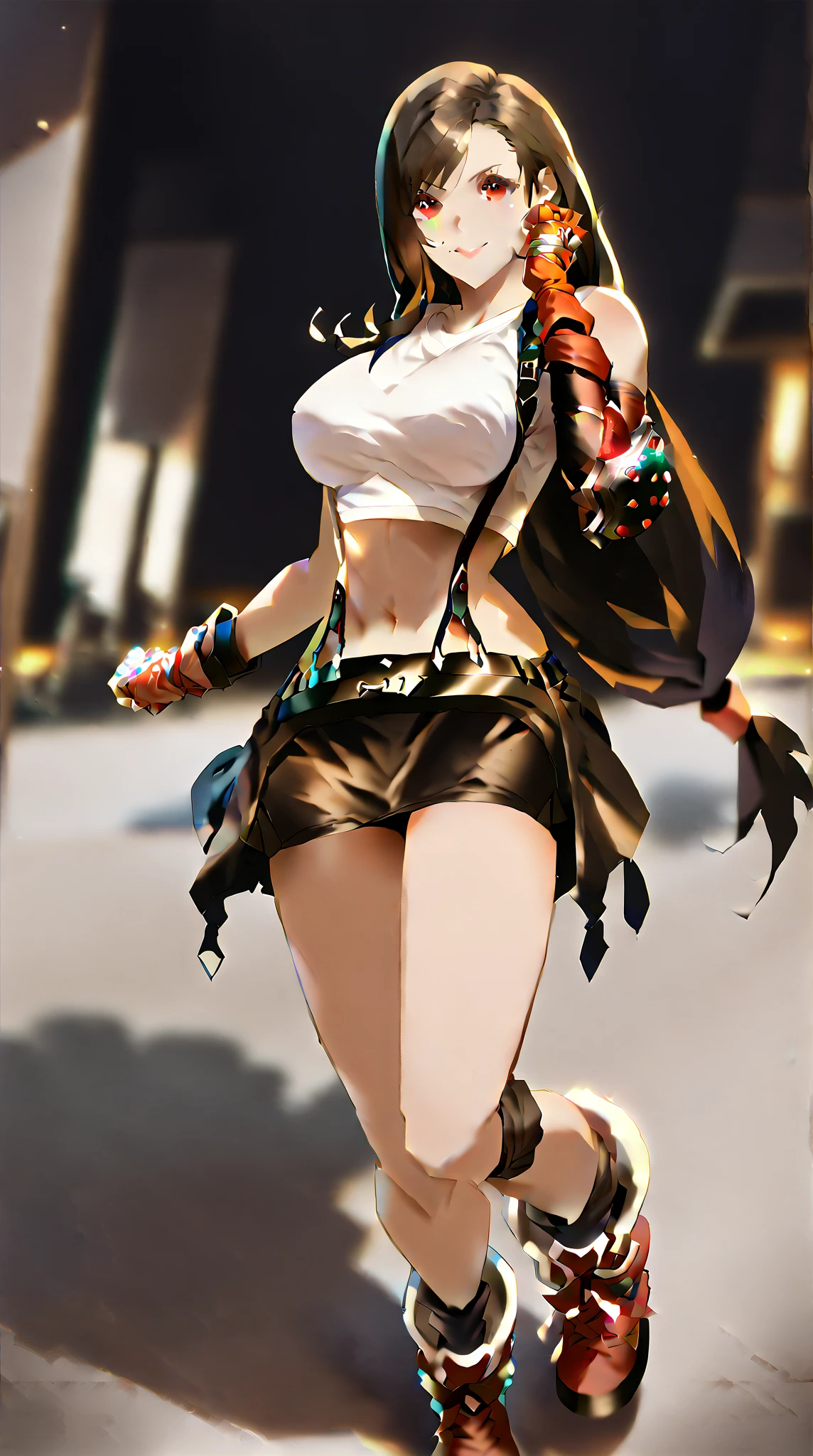 masterpiece, 1girl, (solo:1.5), yuna, (full figure:1.1), green left eye, blue right eye, Blue long tassel earrings, short brown hair, green left eye, necklace, Yellow kimono belt, White pink kimono, white top, sleeves, Blue pleated skirt, black boots, heterochomia, jumping, flapping shirt, white panties