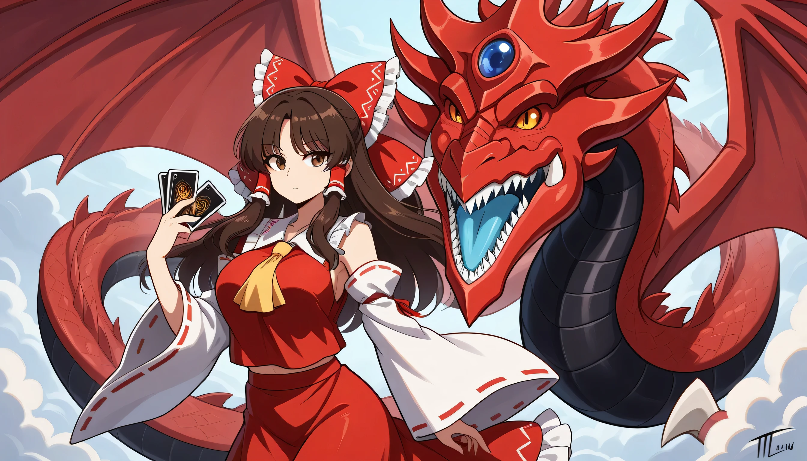 hakurei reimu, 1girl, , brown eyes, brown hair, long hair, sidelocks, large breasts,
hair bow, hair tubes, hair bow, hair tubes, frilled bow, yellow ascot, red shirt, ribbon-trimmed detached wide sleeves, red skirt,Slifer-TSD, red scale, white claw, dragon, two mouth,A Yugioh card in hand, holding a card