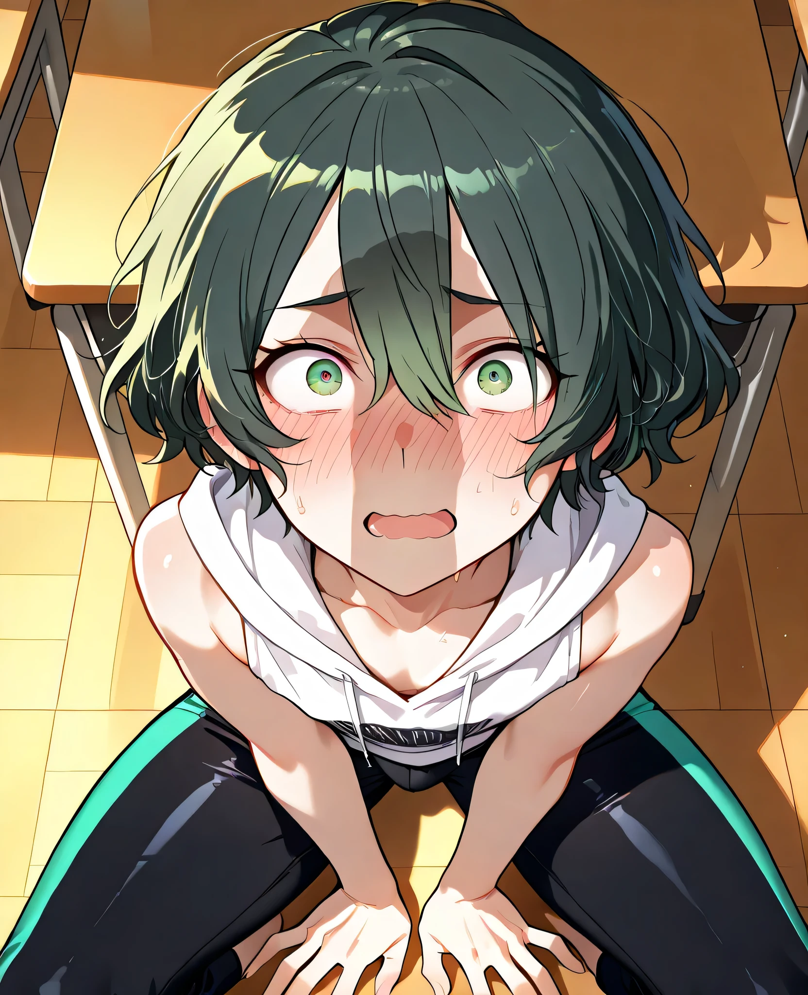 Boy, twink, black hair, beautiful, short hair, tall height, light thighs, faded green eyes, curly hair, hair between eyes, light hips, thin waists, light ass, flat chest, athletic, detailed eyes, detailed face, detailed body, adult, detailed classroom, detailed eyes, make up, white sleeveless hoodie, black loose cotton sport pants, detailed image, bully, solo, evening, shocked, on knees, knees spread, looking at viewer, front view, flustered, hands on flor, from above, nervous, open mouth stunningly, dizzy eyes, penis shadow, penis shadow, penis shadow