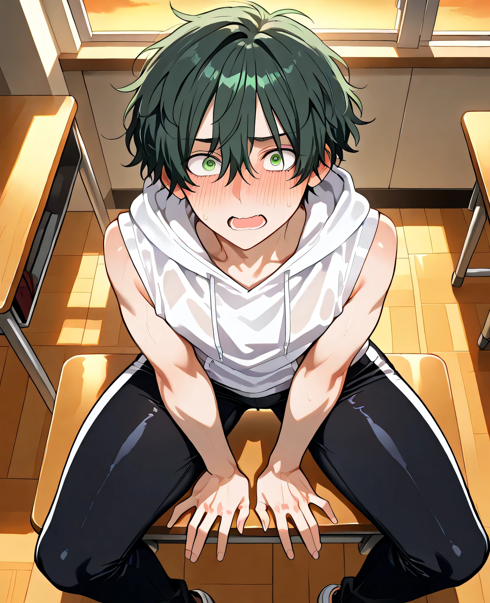 Boy, twink, black hair, beautiful, short hair, tall height, light thighs, faded green eyes, curly hair, hair between eyes, light hips, thin waists, light ass, flat chest, athletic, detailed eyes, detailed face, detailed body, adult, detailed classroom, detailed eyes, make up, white sleeveless hoodie, black loose cotton sport pants, detailed image, bully, solo, evening, shocked, on knees, knees spread, looking at viewer, front view, flustered, hands on flor, from above, nervous, open mouth stunningly, dizzy eyes, penis shadow