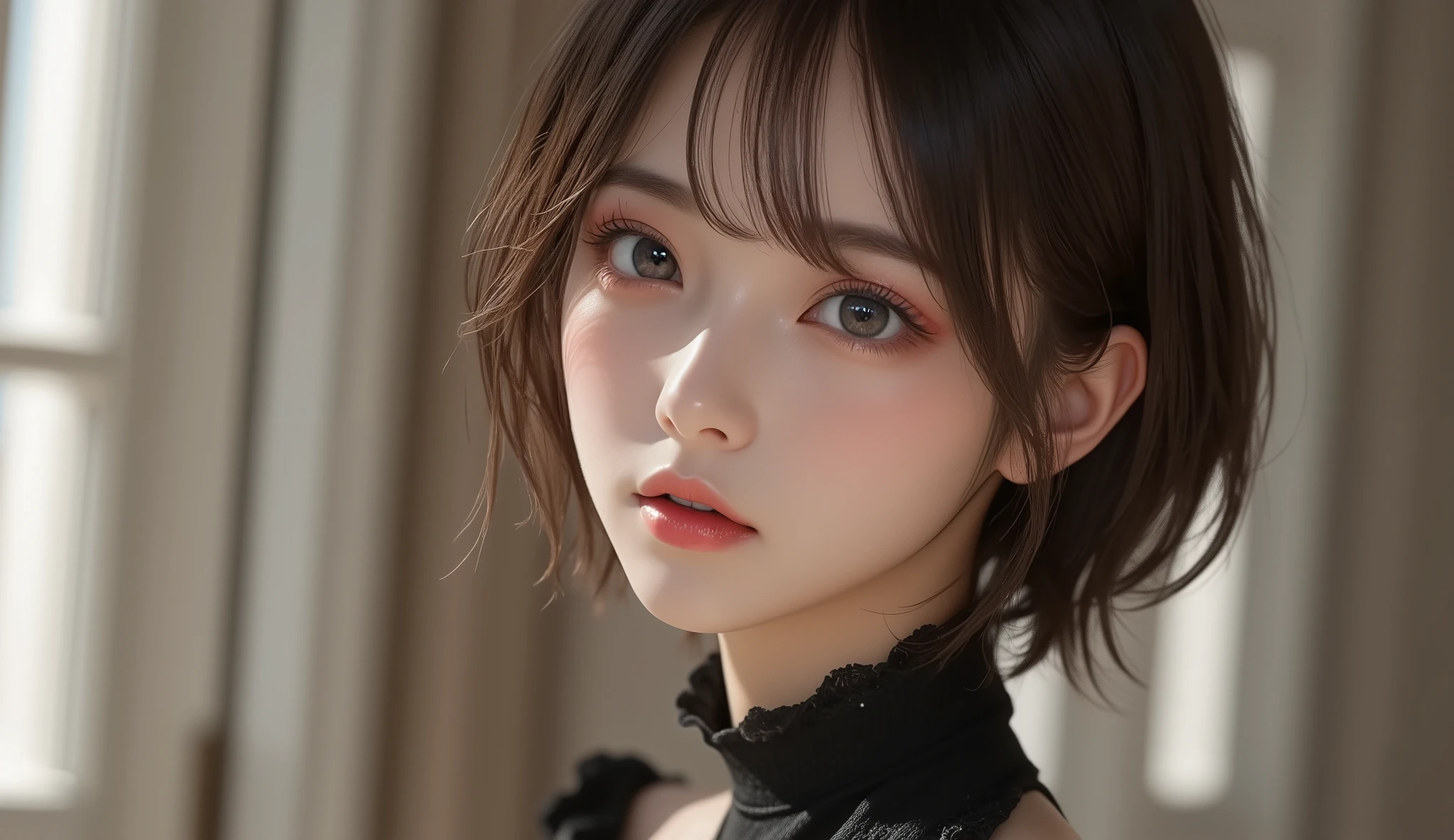 8k,ultra high resolution , Best Quality, masterpiece,rule of thirds,golden ratio,surreal,pictures, one woman,( girl:1.3),cute,cute顔, Beautiful Eyes in Every Detail , 細かくdetails,mature woman,princess,Full body,black hair,Short Bob,ID photo, luxurious and beautiful ,( famous Japanese idol girl),(((smile))), black bondage fashion,short hair,natural colored lips,( sitting on one knee on the floor),smile,girl2人,red eyeshadow,wearing black tights,High heels, very delicate expression , delicate eye description,healthy body, ((Female 1)), Height: 160cm ,( thin waist:1.4)、( Beautiful :1.4), pink lips,Profile ,((( ideal figure))),Small A Cup Bust :2, portraits:2、 perfect anatomy 、鮮明な details、 details,thin lips,Perfect and beautiful face ,完璧でcute顔, meticulous skin , perfect limb that wraps around the body,thin waist, surreal,Light and Dark,fashion magazine cover,stage lights