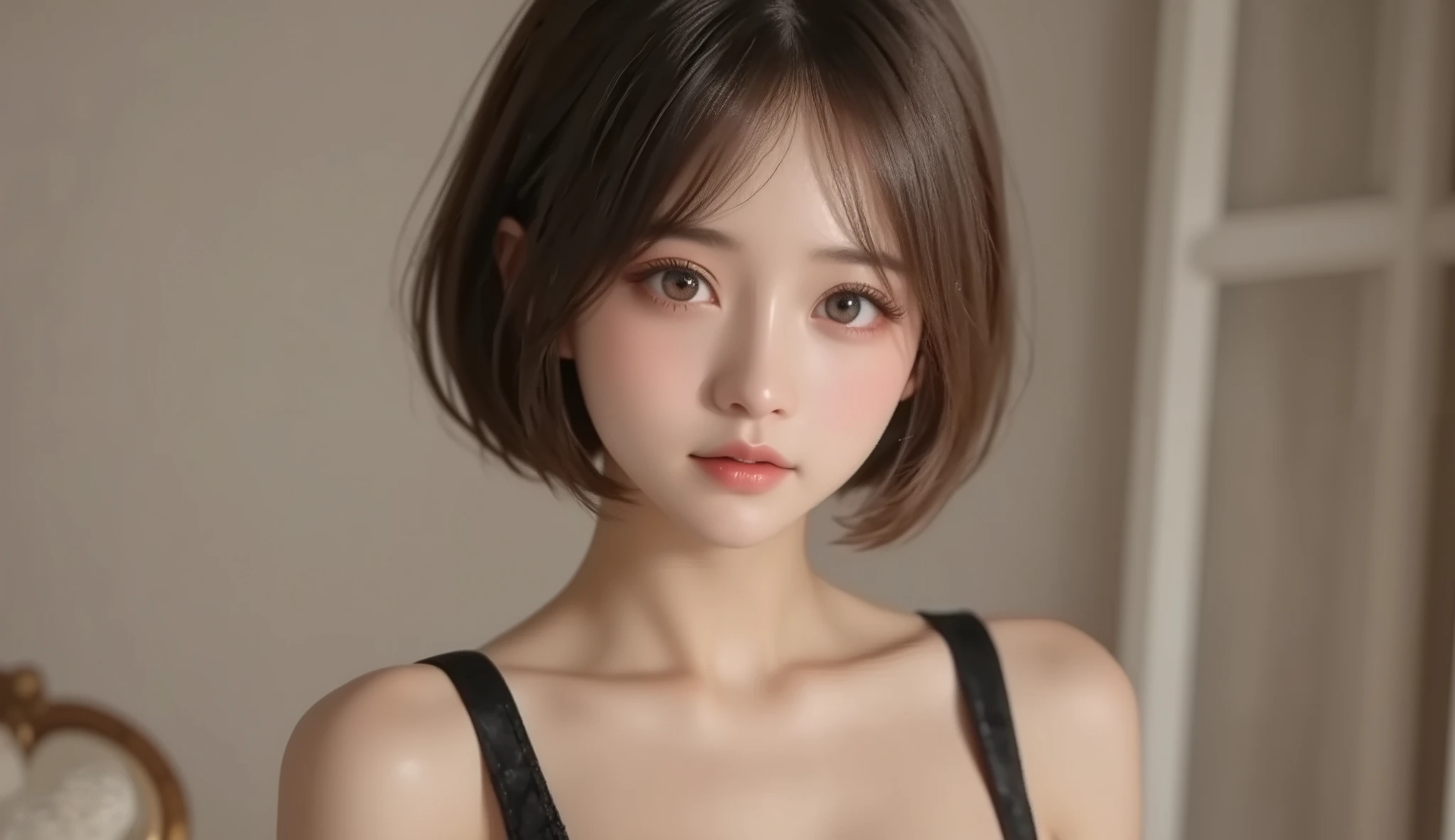 masterpiece, highest quality, (short hair, bangs, close:1.5), Looking straight ahead、Hiccup, RAW Photos, Absurd, Delicate girl, (Beautiful Face, View Viewer, Sophisticated, Side Shot:1.4), Arched back, 16 years old, 8k, Digital SLR, (Pink bandeau dress、,, Dark red eyeshadow, reddish pink lips:1.2), Bokeh, Shapely small breasts、, (Thin arms, Narrow waist:1.2), Skin with attention to detail, Face Light, Vivid lighting, Bright lighting, Film Grain, chromatic aberration, Simple Background