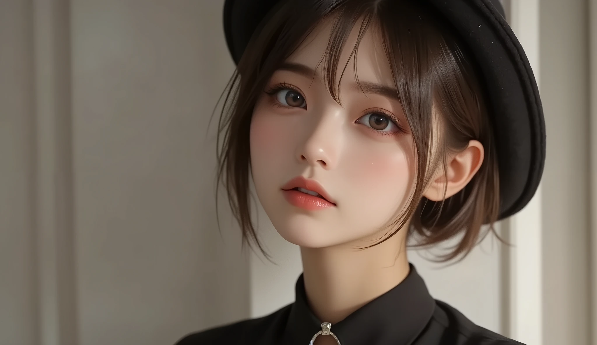 8k,ultra high resolution , Best Quality, masterpiece,rule of thirds,golden ratio,surreal,pictures, one woman,( girl:1.3),cute,cute顔, Beautiful Eyes in Every Detail , 細かくdetails,mature woman,princess,Full body,black hair,Short Bob,ID photo, luxurious and beautiful ,( famous Japanese idol girl),(((smile))), black bondage fashion,short hair,natural colored lips,( sitting on one knee on the floor),smile,girl2人,red eyeshadow,wearing black tights,High heels, very delicate expression , delicate eye description,healthy body, ((Female 1)), Height: 160cm ,( thin waist:1.4)、( Beautiful :1.4), pink lips,Profile ,((( ideal figure))),Small A Cup Bust :2, portraits:2、 perfect anatomy 、鮮明な details、 details,thin lips,Perfect and beautiful face ,完璧でcute顔, meticulous skin , perfect limb that wraps around the body,thin waist, surreal,Light and Dark,fashion magazine cover,stage lights