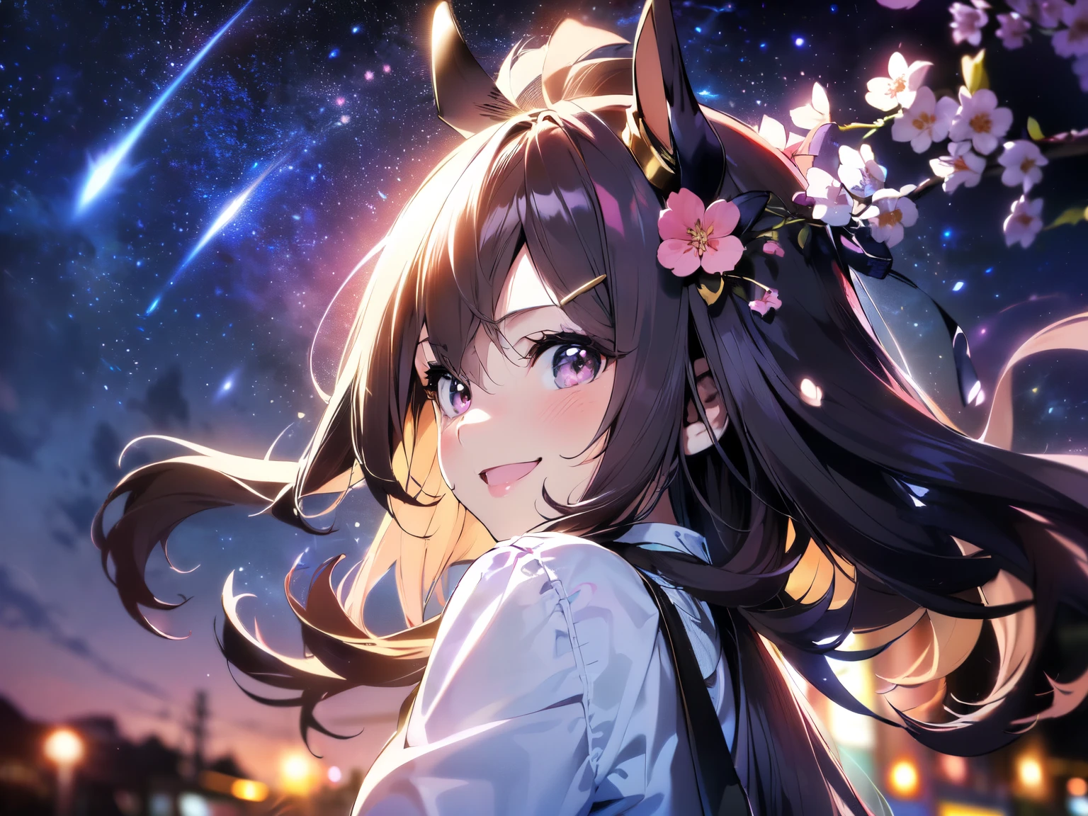 (Solo: 1.5),(Young human girl: 1.5),(Horse ears),(Small face: 1.5),(Small head: 1.5),(Large breasts),(Looking at camera),(Smiling sweetly: 1.5),(Long black hair),(Hair blowing in the wind),(Pink T-shirt and long-sleeved lace dress: 1.5),(Suspenders),(Black pantyhose),(Shorts: 1.5),(Dark purple background, lots of cherry blossoms, Sakuragaoka, starry sky: 1.5),(Strong wind),(Accurate human anatomy: 1.5),(Animated illustration: 1.5),(Amazing, high quality, high resolution),(Upper body focus: 1.5),