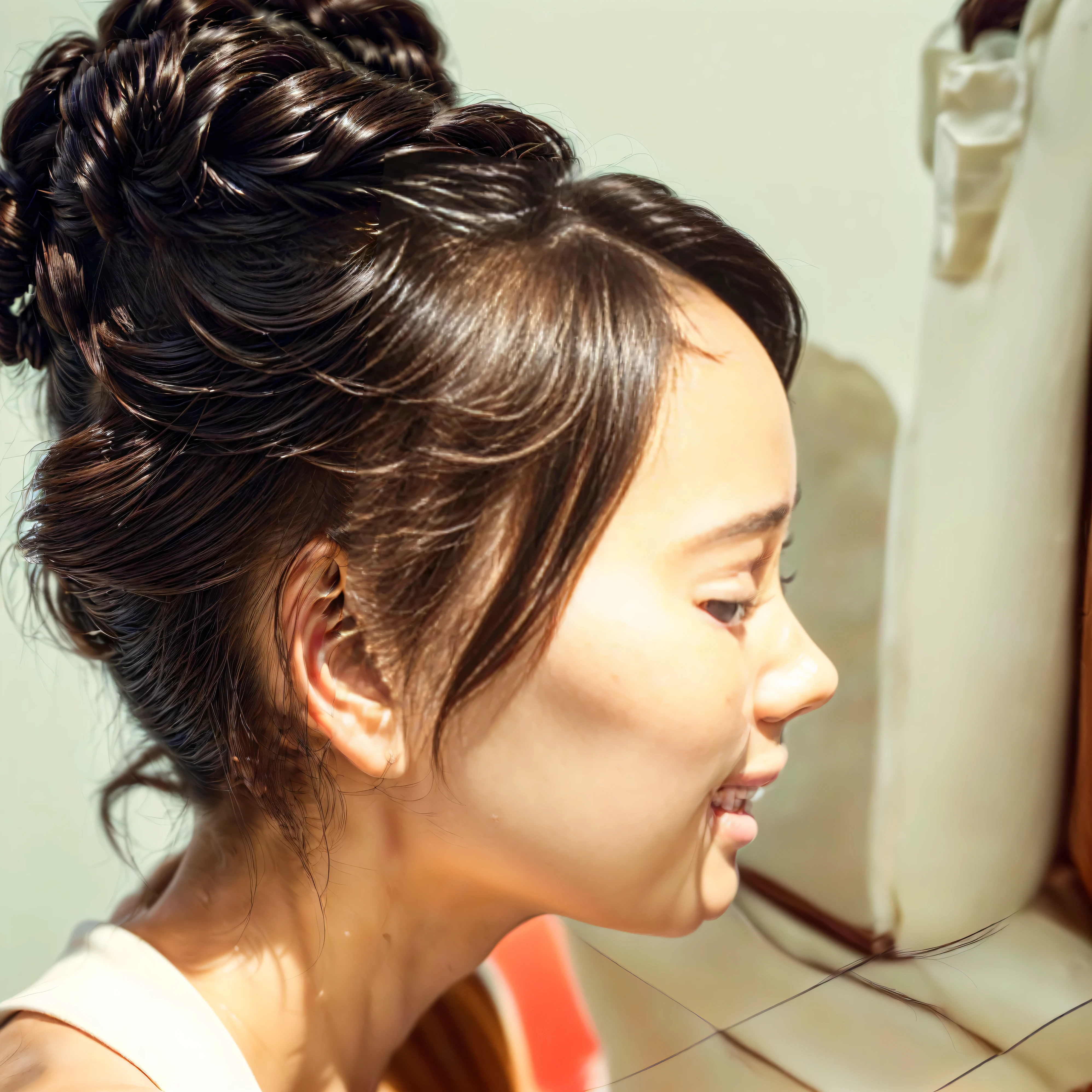 (((side profile shot))) there is a YOUNG CUTE Japanese girl with a white shirt, side shot, hair bun, with dark hair tied up in a bun, hair styled in a bun, captivating and enticing , (Detailed perfect facial details), (((ultra detailed skin, Lifelike, 4k hd, DSLR, lifelike, masterpiece, natural lifelike perfect color, perfect clear lighting, breathtaking lifelike details, perfect anatomy, super detailed skin, beautiful face ultra-detailed hyper detailed face、Detailed lips、A detailed eyes, (realistic, photorealistic, photo-realistic:1.37) (Realistic), (RAW Photography), ((best quality)), (Detailed perfect facial details), ((((hyper real photo, hyperrealistic, hyperrealistic picture)) , perfect anatomy, super detailed skin, (((ultra detailed skin, Lifelike, 4k hd, DSLR, lifelike, masterpiece, natural lifelike perfect color, perfect clear lighting, breathtaking lifelike details satisfied pose, she is smiling and excited, she is posing