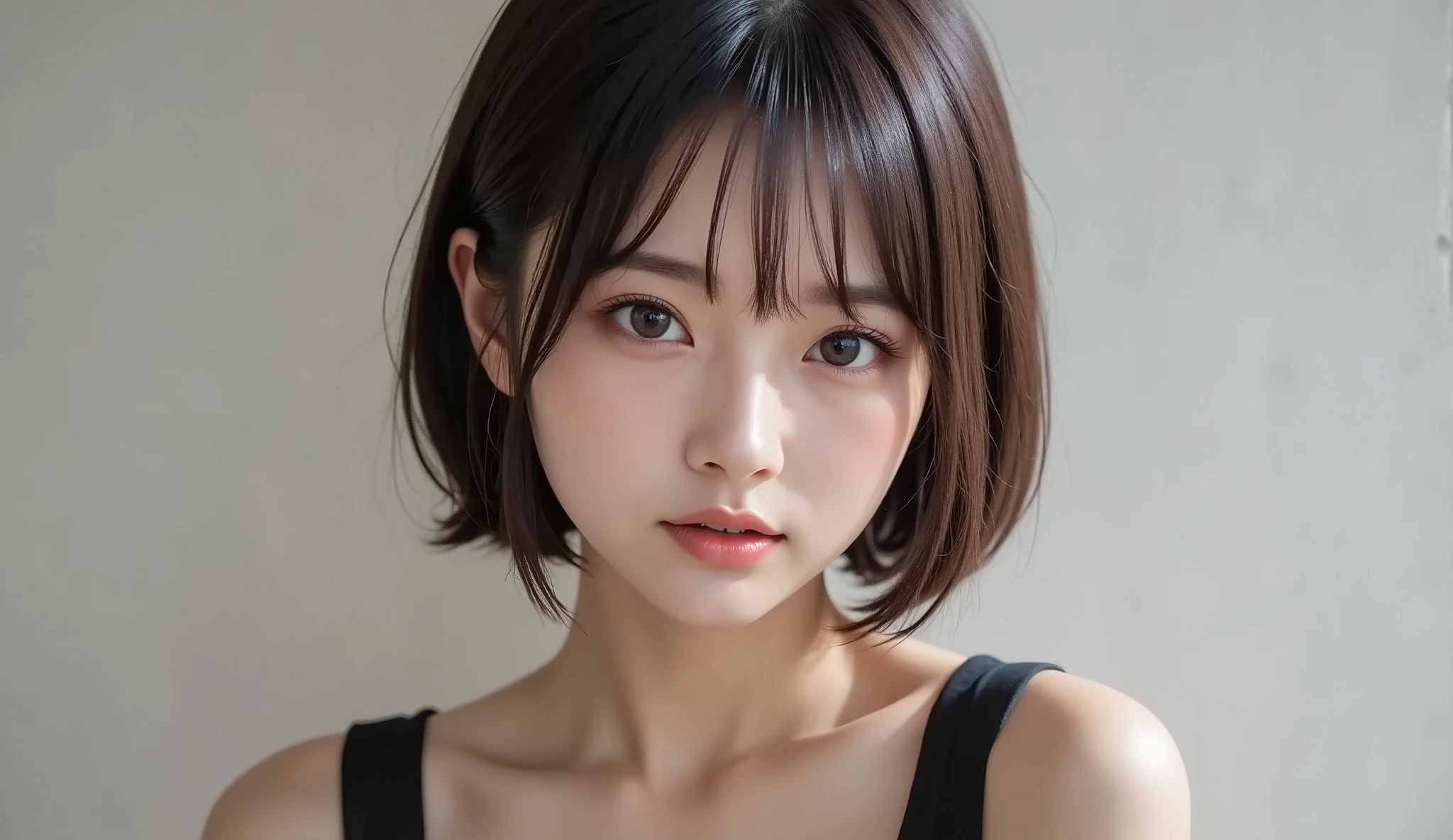 8k,ultra high resolution , Best Quality, masterpiece,rule of thirds,golden ratio,surreal,pictures, one woman,( girl:1.3),cute,cute顔, Beautiful Eyes in Every Detail , 細かくdetails,mature woman,princess,Full body,black hair,Short Bob,ID photo, luxurious and beautiful ,( famous Japanese idol girl),(((smile))), black bondage fashion,short hair,natural colored lips,( sitting on one knee on the floor),smile,girl2人,red eyeshadow,wearing black tights,High heels, very delicate expression ,  delicate eye description,healthy body, ((Female 1)), Height: 160cm ,( thin waist:1.4)、( Beautiful :1.4), pink lips,Profile ,((( ideal figure))),Small A Cup Bust :2, portraits:2、 perfect anatomy 、鮮明な details、 details,thin lips,Perfect and beautiful face  ,完璧でcute顔, meticulous skin , perfect limb that wraps around the body,thin waist, surreal,Light and Dark,fashion magazine cover,stage lights