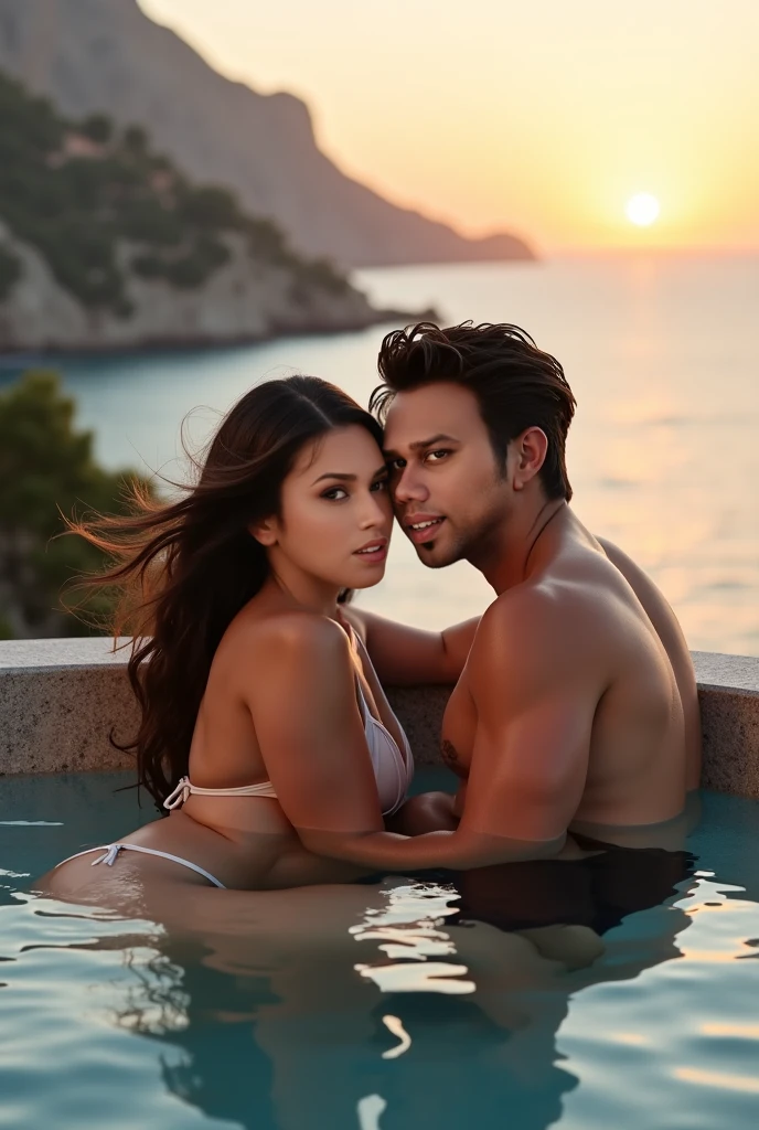 A woman in a sexy red lace swimsuit. Woman with long black hair, green eyes, tanned white skin, voluptuous body, Wide hips, Thin waist, big breasts. On a yacht with a handsome man, muscular, and without a shirt, with red shorts, and very handsome short black hair, tanned white skin, and that both of them look very sexy and united as a couple, She sitting on his legs, He with grey eyes and mysterious. kissing 