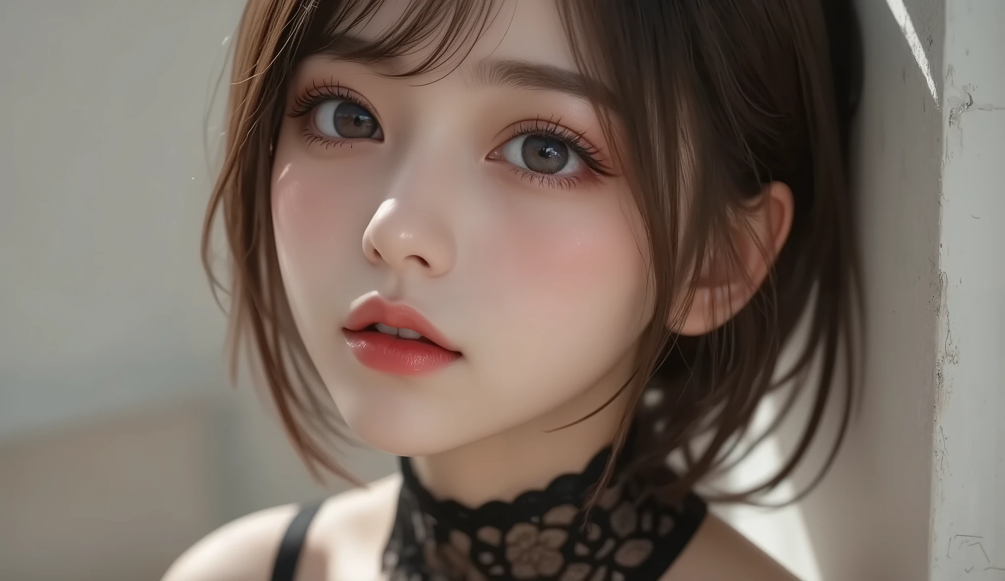 8k,ultra high resolution , Best Quality, masterpiece,rule of thirds,golden ratio,surreal,pictures, one woman,( girl:1.3),cute,cute顔, Beautiful Eyes in Every Detail , 細かくdetails,mature woman,princess,Full body,black hair,Short Bob,ID photo, luxurious and beautiful ,( famous Japanese idol girl),(((smile))), black bondage fashion,short hair,natural colored lips,( sitting on one knee on the floor),smile,girl2人,red eyeshadow,wearing black tights,High heels, very delicate expression ,  delicate eye description,healthy body, ((Female 1)), Height: 160cm ,( thin waist:1.4)、( Beautiful :1.4), pink lips,Profile ,((( ideal figure))),Small A Cup Bust :2, portraits:2、 perfect anatomy 、鮮明な details、 details,thin lips,Perfect and beautiful face  ,完璧でcute顔, meticulous skin , perfect limb that wraps around the body,thin waist, surreal,Light and Dark,fashion magazine cover,stage lights