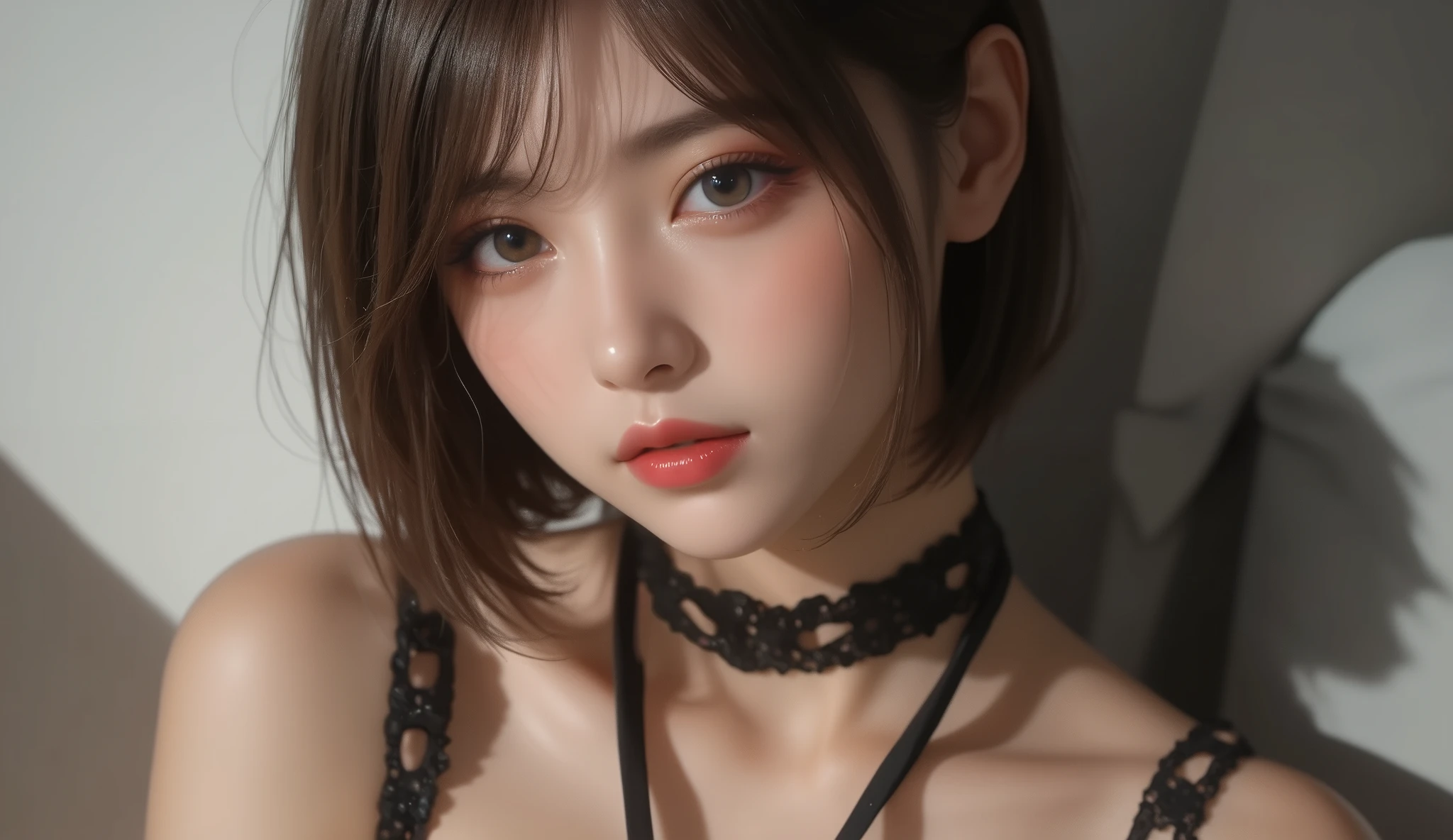 Masterpiece hyperrealist & Photorealistic beautiful girl, Realistic Skin (Pore-filled skin) Short Bob Cut Hair, Realistic red lips,Punk Girl, (head shot:1.5),Shorts