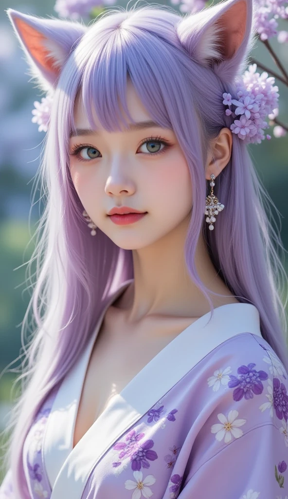 Purple Hair Purple Eyes Long Hair White beauty kimono front Flower Field Flowers on head