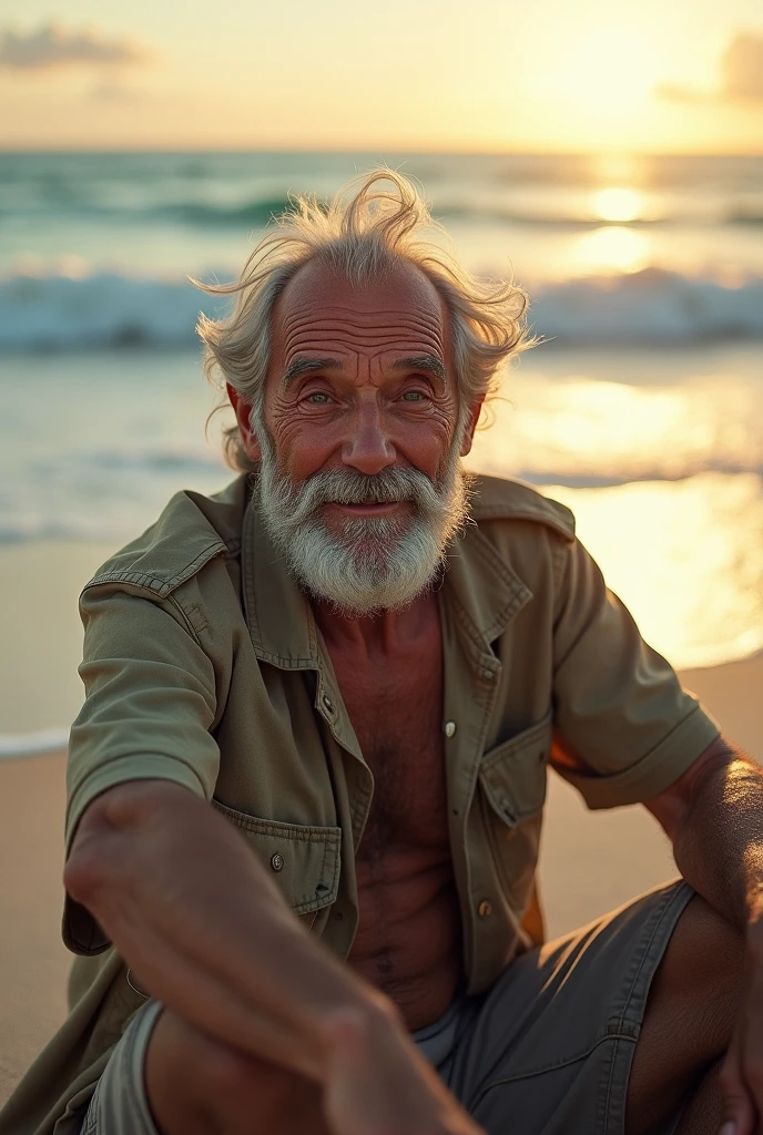 Beautiful English grandpa over 70
with beard on the beach only underwear