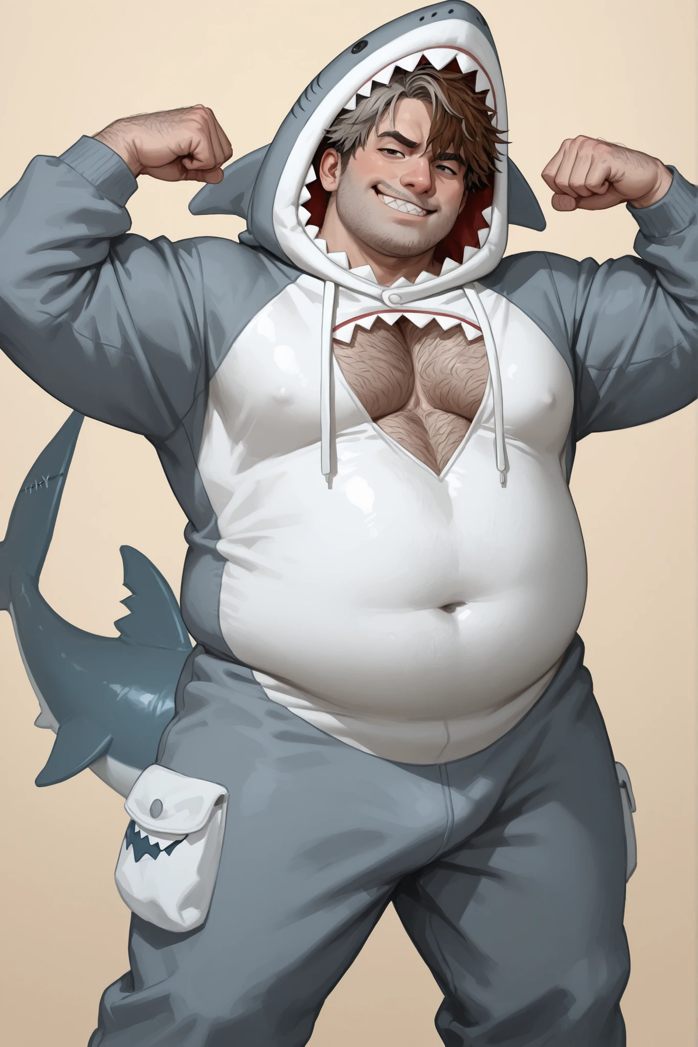 Semi realistic mid journey art style of a short man with grey and brown colored hair , chubby, greying hair, cherubic face, cute, handsome, bbw, grey shark themed kigurumi,kigurumi looks like a grey shark, grey bearded, hairy, emo, chubby, fat, overweight, dynamic pose, Smug smirk, bbw, extra fat, hairy, chest hair, soft pecs, fake shark tail, fake shark fins, dilf, handsome, smug, older