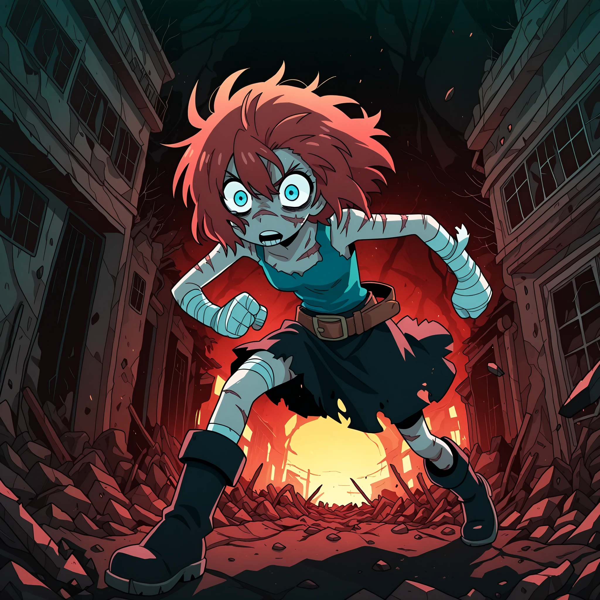 masterpiece, best quality, amazing quality, Anime Screencap. BREAK. 1girl, solo, short_hair, brown_hair, messy_hair, intense_expression, blue_eyes, scars, bandages, torn_clothes, tank_top, blue_top, black_skirt, belt, black_boots, action_pose, running, dark_background, red_lighting, horror, post-apocalyptic, debris, shadows, dynamic_composition, anime_style, detailed_background