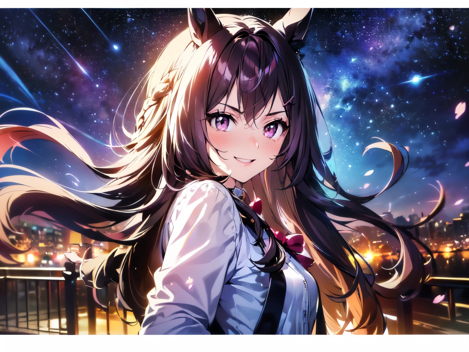(Solo: 1.5),(Young human girl: 1.5),(Horse ears),(Small face: 1.5),(Small head: 1.5),(Large breasts),(Looking at the camera),(Smiling gently: 1.5),(Yandere pose: 1.5),(Long black hair),(Hair blowing in the wind),(Pink T-shirt and long-sleeved lace blouse: 1.5),(Suspenders),(Black pantyhose),(Shorts: 1.5),(Dark purple background, lots of cherry blossoms, Sakuragaoka, starry sky: 1.5),(Strong wind),(Accurate human anatomy: 1.5),(Animated illustration: 1.5),(Amazing, high quality, high resolution),(Upper body focus: 1.5),