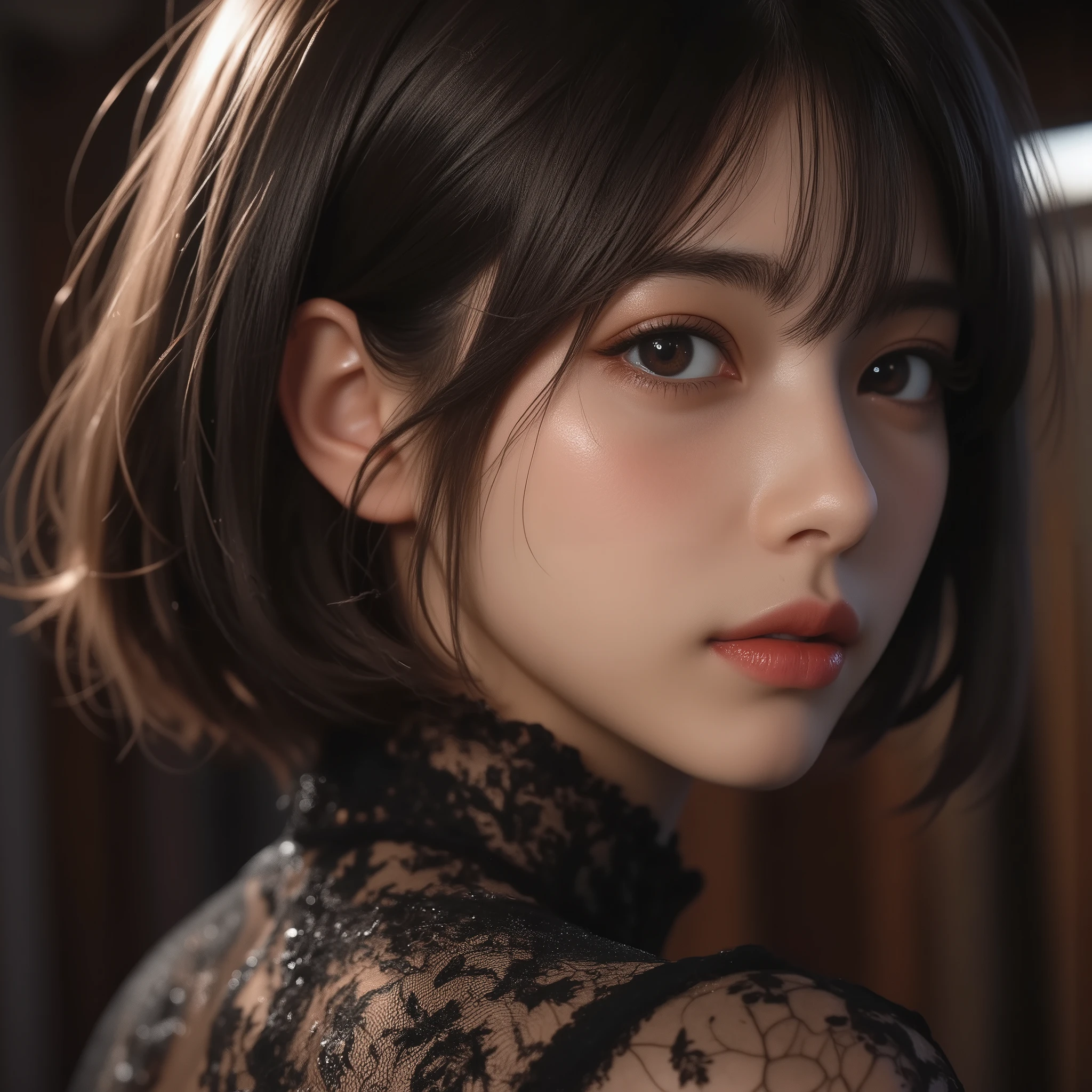 8k,ultra high resolution , Best Quality, masterpiece,rule of thirds,golden ratio,surreal,pictures, one woman,( girl:1.3),cute,cute顔, Beautiful Eyes in Every Detail , 細かくdetails,mature woman,princess,Full body,black hair,Short Bob,ID photo, luxurious and beautiful ,( famous Japanese idol girl),(((smile))),Fastford store clerk,short hair,natural colored lips,(mini skirt),smile,girl2人,red eyeshadow,wearing black tights,High heels, very delicate expression , delicate eye description,healthy body, ((Female 1)), Height: 160cm ,( thin waist:1.4)、( Beautiful :1.4), pink lips,Profile ,((( ideal figure))),Small A Cup Bust :2, portraits:2、 perfect anatomy 、鮮明な details、 details,thin lips,Perfect and beautiful face ,完璧でcute顔, meticulous skin , perfect limb that wraps around the body,thin waist, surreal,Light and Dark,fashion magazine cover,stage lights
