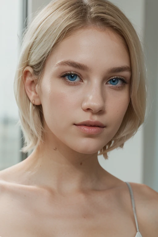 (half body portrait: 1.4), RAW uhd portrait photo of a 23-year-old white sweden girl named lucy, short blonde hair, green eyes, famine features, dslr, ultra quality, sharp focus, tack sharp, film grain, (centered), Fujifilm XT4, detailed skin pores, oiled skin, tan, intricate eye detail, casual outfit