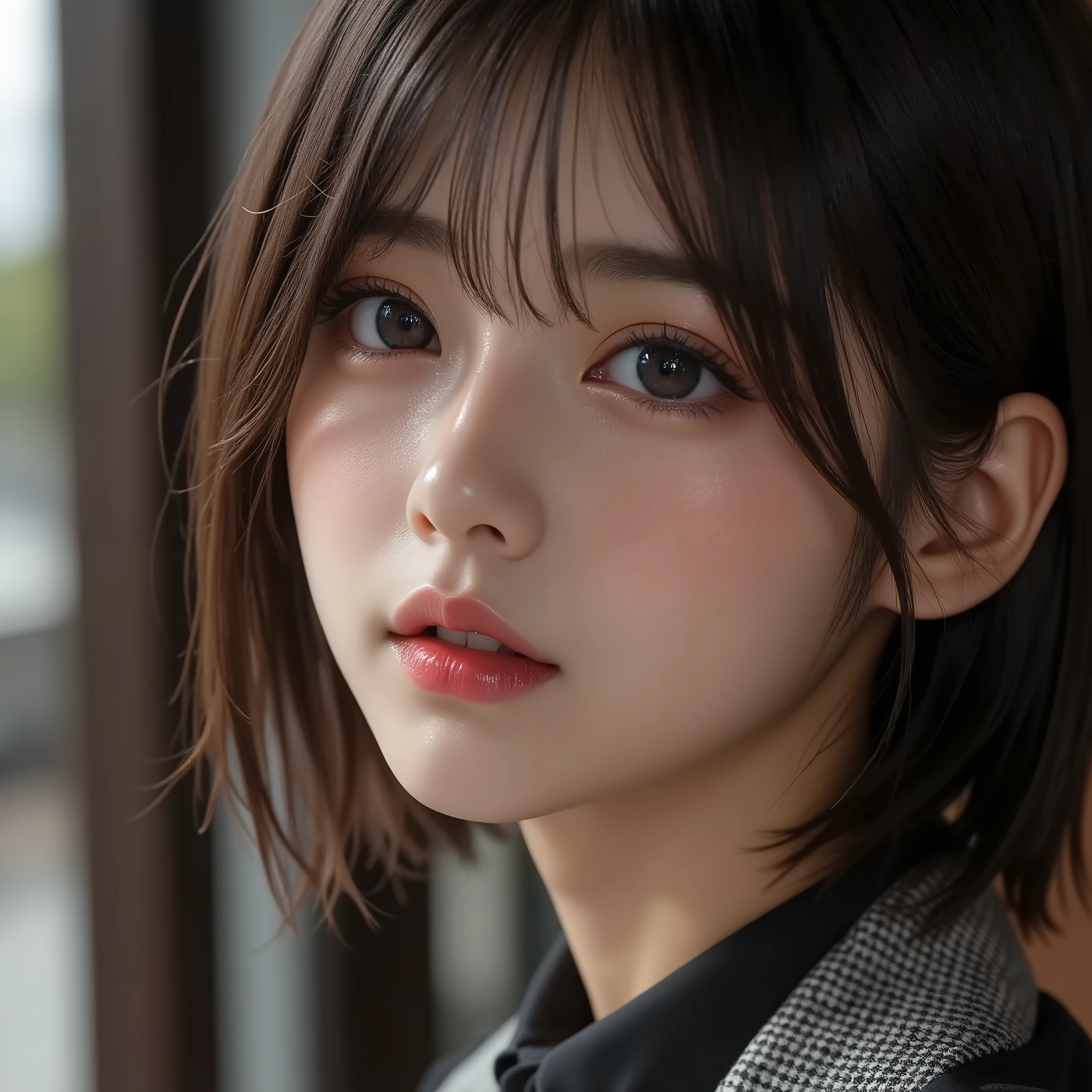 8k,ultra high resolution , Best Quality, masterpiece,rule of thirds,golden ratio,surreal,pictures, one woman,( girl:1.3),cute,cute顔, Beautiful Eyes in Every Detail , 細かくdetails,mature woman,princess,Full body,black hair,Short Bob,ID photo, luxurious and beautiful ,( famous Japanese idol girl),(((smile))),Fastford store clerk,short hair,natural colored lips,(mini skirt),smile,girl2人,red eyeshadow,wearing black tights,High heels, very delicate expression , delicate eye description,healthy body, ((Female 1)), Height: 160cm ,( thin waist:1.4)、( Beautiful :1.4), pink lips,Profile ,((( ideal figure))),Small A Cup Bust :2, portraits:2、 perfect anatomy 、鮮明な details、 details,thin lips,Perfect and beautiful face ,完璧でcute顔, meticulous skin , perfect limb that wraps around the body,thin waist, surreal,Light and Dark,fashion magazine cover,stage lights