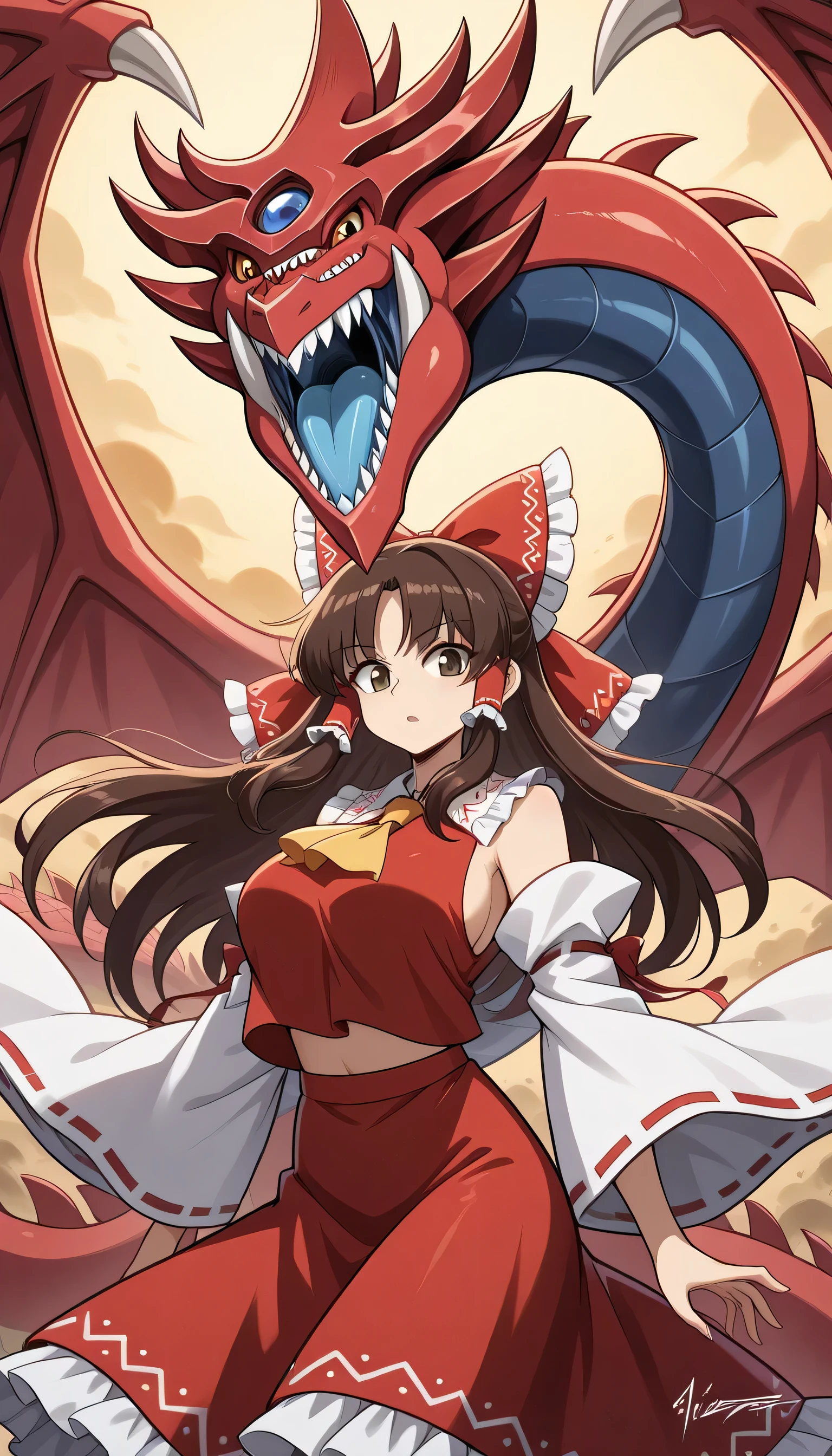 hakurei reimu, 1girl, , brown eyes, brown hair, long hair, sidelocks, large breasts,
hair bow, hair tubes, hair bow, hair tubes, frilled bow, yellow ascot, red shirt, ribbon-trimmed detached wide sleeves, red skirt,Slifer-TSD, red scale, white claw, dragon, two mouth,duel monster,