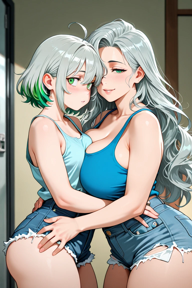 Anime Screenshot, in bedroom, sitting on bed, chubby, 2 girls, milf, shy, pudgy face, large round eyes, dark green hair, ponytail, bra, peace signs, sticking tongue out of mouth, sweating, nervous smile, slightly open mouth, huffing breath, wearing jeans, embarrased, kissing