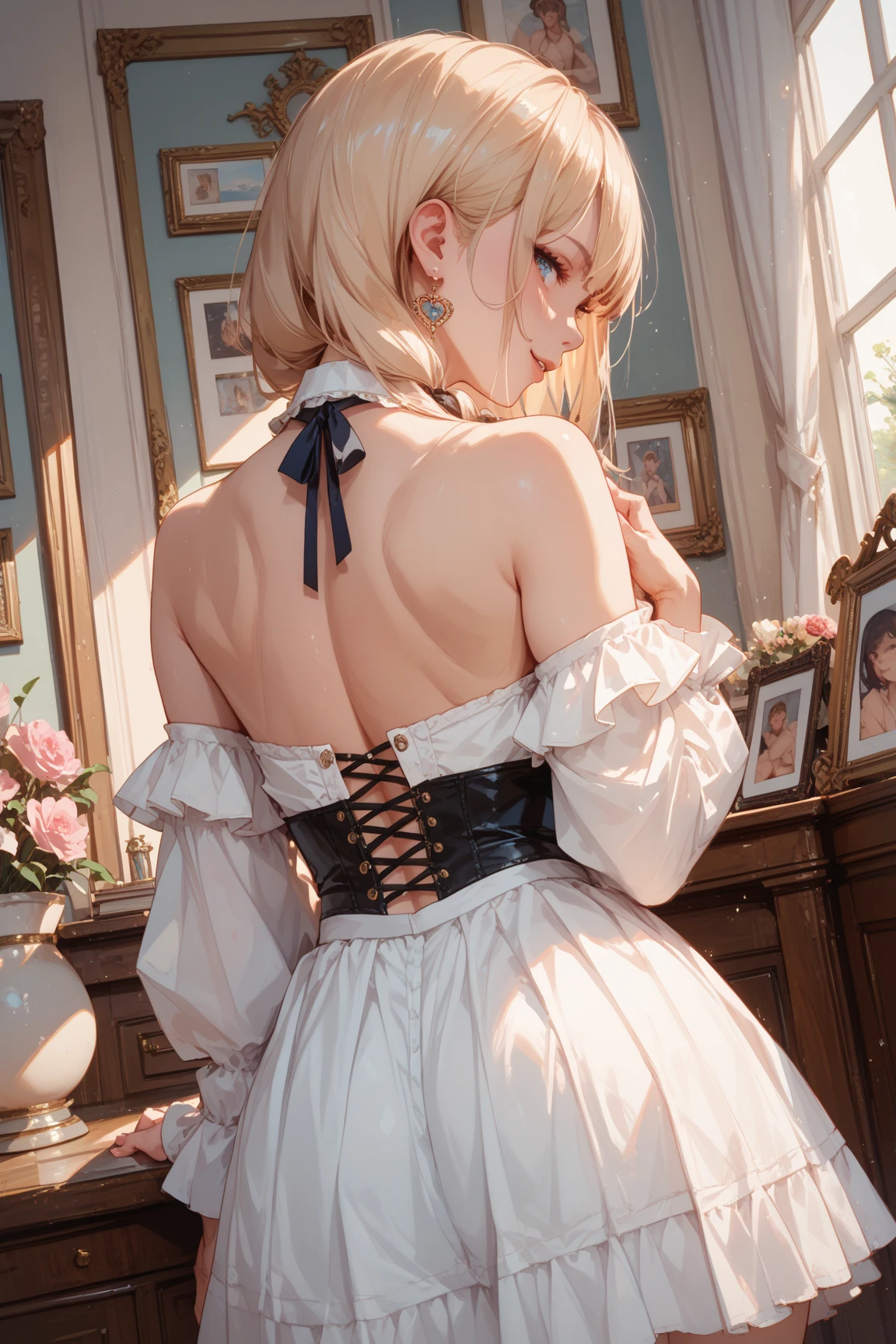 <lora:pose mirror:0.9> mirror,, ultra detailed, masterpiece, best quality, solo, soft smile, light smile,
1girl, blue eyes, very long hair, blonde hair, long blonde hair, french braid, bangs, medium breasts,
hair ribbon, frilled choker, criss-cross halter, sleeveless dress, high-waist skirt, backless dress, waist bow, detached sleeves, frilled sleeves, wide sleeves, pantyhose, patterned legwear, mary janes,