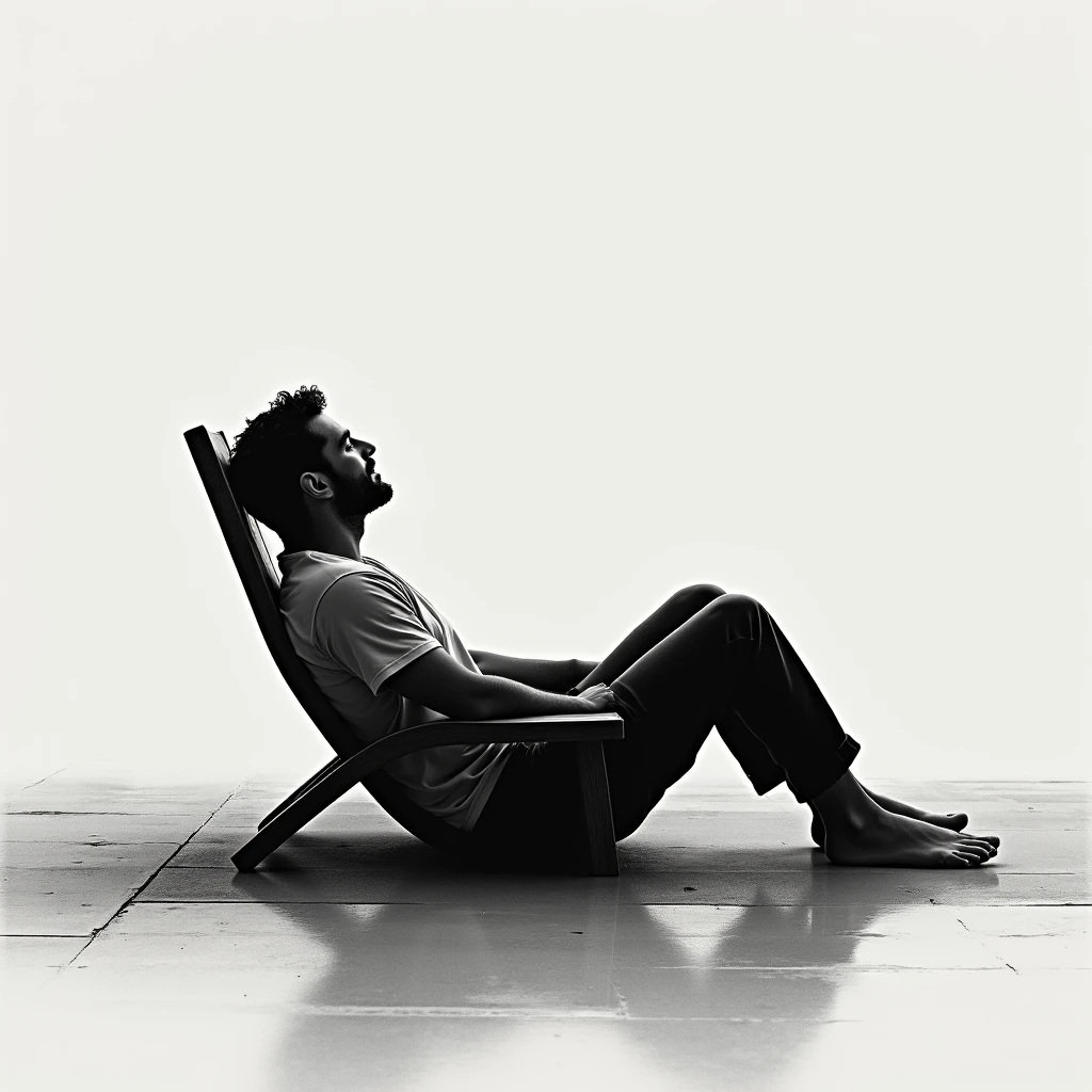 Create a tasteful, fine art photo composition with a highly attractive hunk of random race. The subject must be in a reclining pose that highlights his or her shapes and muscles., within a black and white op art composition that confuses the viewer's perception. The image should have a balance between elegance and sensuality, using colors and patterns that add depth and visual complexity. Incorporate elements like dramatic shadows, subtle highlights and varied textures to enrich the composition. Add details like artistic tattoos or understated jewelry that complement the subject's aesthetic. The background should include geometric patterns and lines that play with perspective, creating an optical illusion that attracts and holds the viewer's attention.