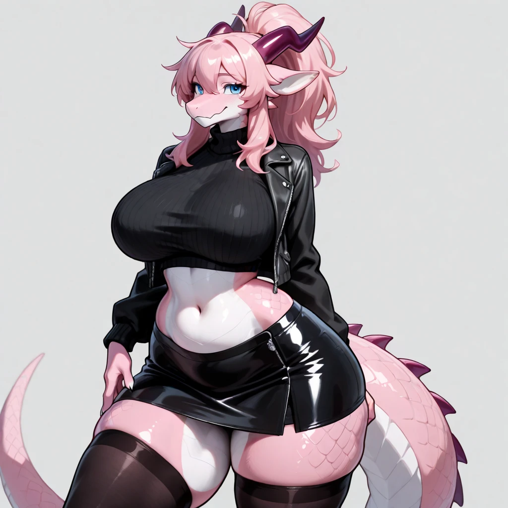 adult werewolf, big ears, fluffy tail, long legs, red , Long pink hair, eyes, scar on cheek, tight clothing, high boots and high socks, fangs, 8k, hd, masterpiece, full Dynamic pose body, full white background