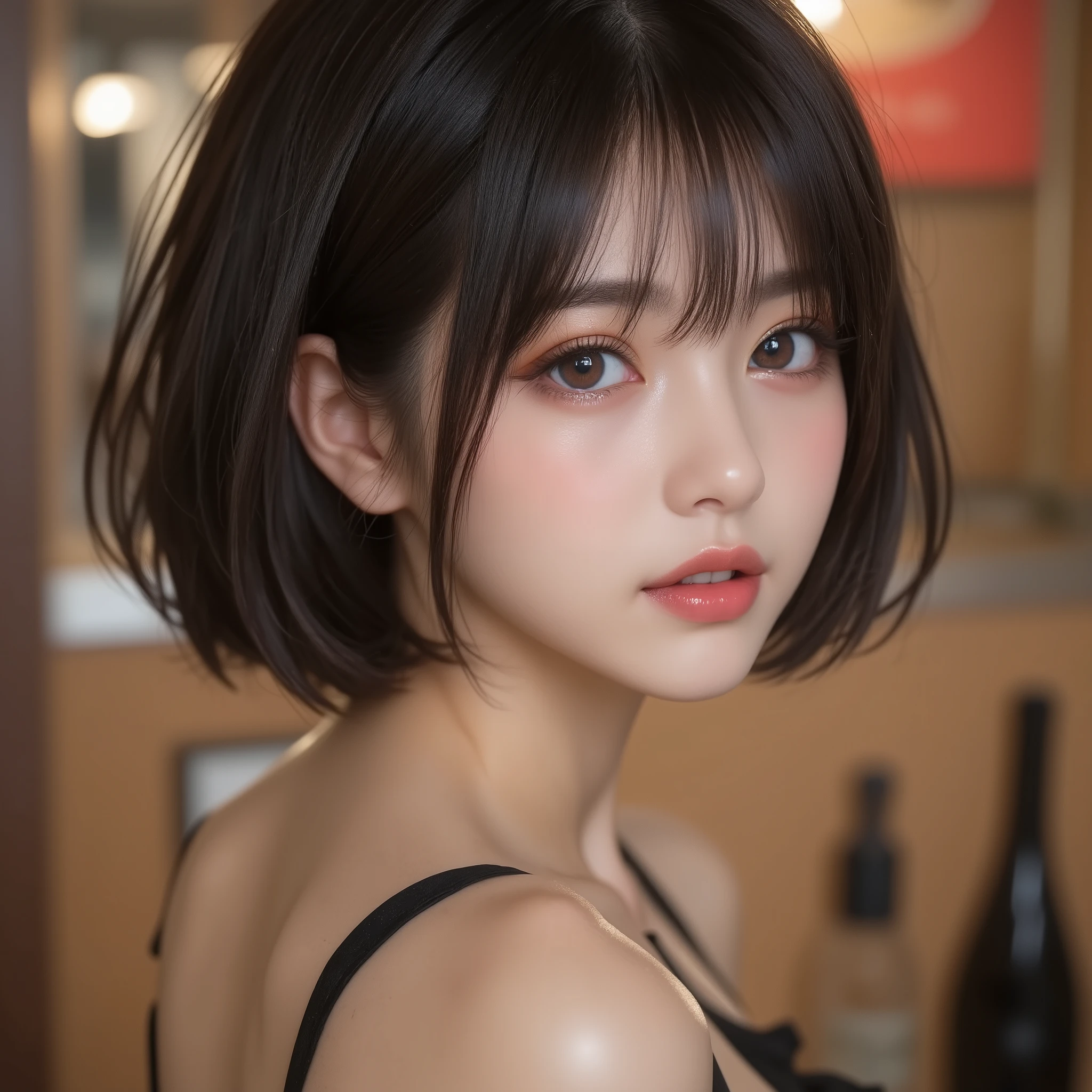 8k,ultra high resolution , Best Quality, masterpiece,rule of thirds,golden ratio,surreal,pictures, one woman,( girl:1.3),cute,cute顔, Beautiful Eyes in Every Detail , 細かくdetails,mature woman,princess,Full body,black hair,Short Bob,ID photo, luxurious and beautiful ,( famous Japanese idol girl),(((smile))),Fastford store clerk,short hair,natural colored lips,(mini skirt),smile,girl2人,red eyeshadow,wearing black tights,High heels, very delicate expression , delicate eye description,healthy body, ((Female 1)), Height: 160cm ,( thin waist:1.4)、( Beautiful :1.4), pink lips,Profile ,((( ideal figure))),Small A Cup Bust :2, portraits:2、 perfect anatomy 、鮮明な details、 details,thin lips,Perfect and beautiful face ,完璧でcute顔, meticulous skin , perfect limb that wraps around the body,thin waist, surreal,Light and Dark,fashion magazine cover,stage lights
