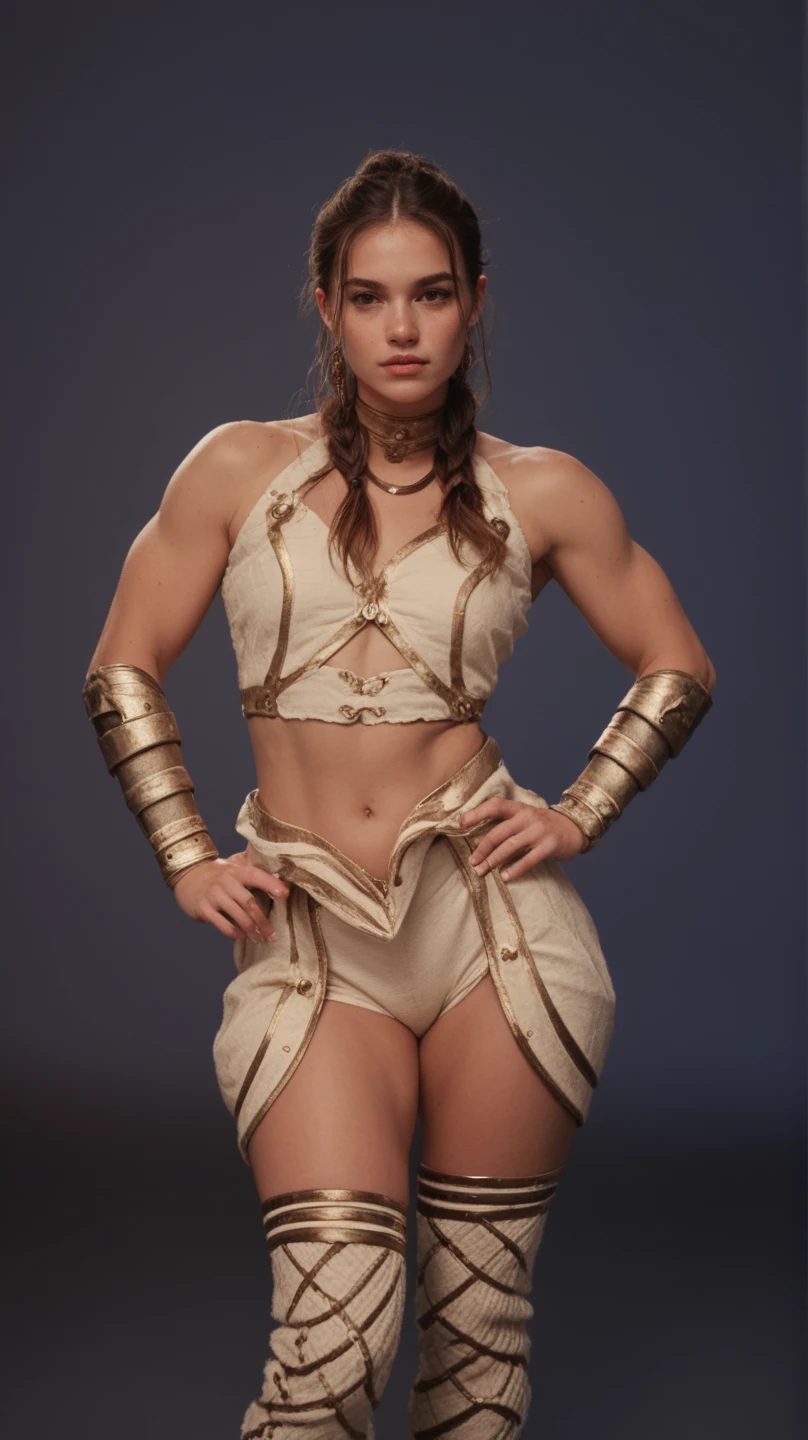 (toga:1.5), SFW, photorealistic, highest quality, RAW photo, cinematic composition, front view medium shot of a beautiful woman from ancient Greece standing, (faint smile, naughty look), (wearing a (long loose-fitting cloth:1.2) tunic in classical style, rich ancient style body accessories, fabulous diadem), skin texture, [skin wrinkles, skin spots], wrinkles in clothing, indoor, (ancient Greek hairstyle|clothes|furniture|background), (highly detailed background:1.4), (abundant details, intricate details:1.2), highly detailed clothes, volumetric lighting, sharp focus, 8k, highly detailed, UHD, HDR,  Asian-Less, 1girl, Long hair, curly hair, black hair, side bangs, ringlets, makeup, amber eyes, muscular, stocky, strong, powerful, muscle, muscles, muscular female, thick thighs, wide hips, fat mons, v-cut, groin tendon, huge ass, huge butt, big muscles, bodybuilder, biceps, large pectorals, small breasts, abs, thick eyebrows, long eyelashes, eyeliner, freckles, long nose, big nose, pointy nose, body freckles, aggressive, aggro, full body, full-length portrait, smile, big necklace, chain necklace, (insanely detailed, beautiful detailed face, masterpiece, best quality)