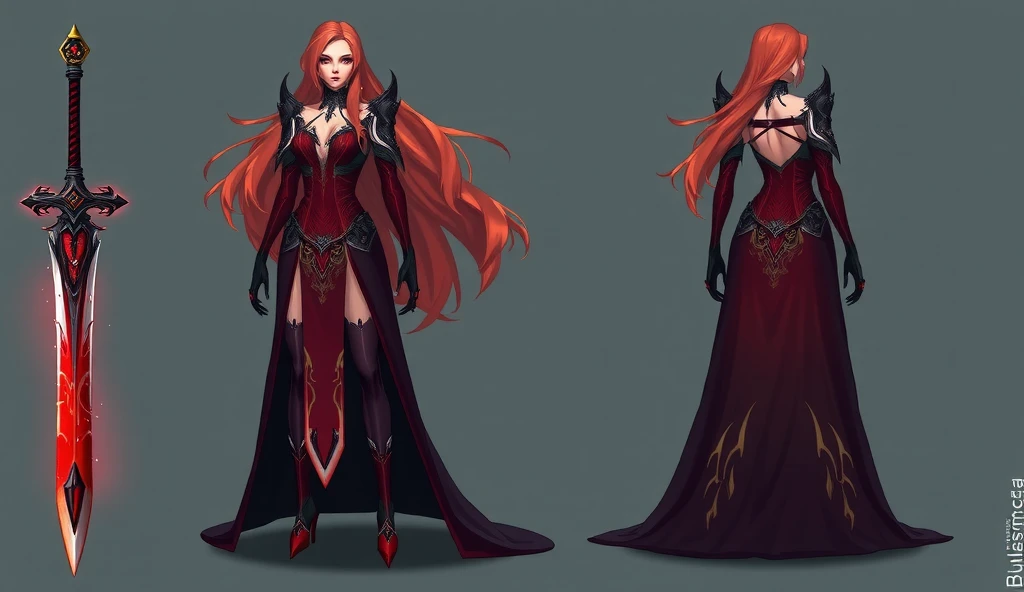 prepubescent, beautifully, full body,, concept art, anime waifu, high quality, high detailed face, dynamic pose, smooth, full body, perfect anatomy, beautiful eyes, long messy crimson hair, cyan eyes, dragon horns, dragon girl, long red dress, torn clothes, legwear, heels
