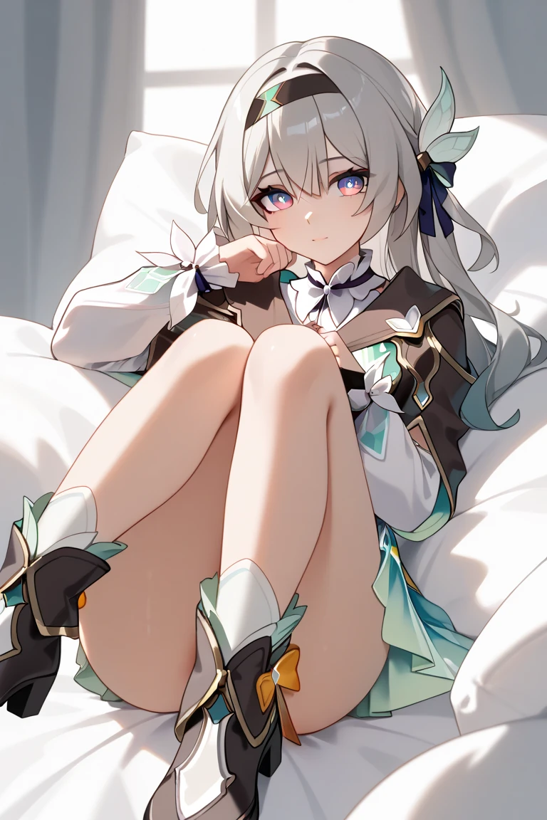 score_9, score_8_up, score_7_up, source_anime, masterpiece, 1girl, euphyllia, white hair, purple eyes, shiny hair, white capelet, long sleeves, blue neckwear, looking at viewer, blue skirt, <lora:EuphylliaMagentaPONYXL:0.9>, indoors, sitting on bed, black pantyhose