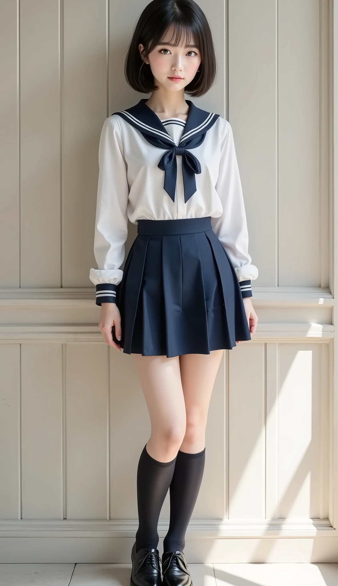8k,ultra high resolution , Best Quality, masterpiece,rule of thirds,golden ratio,surreal,pictures, one woman,( girl:1.3),cute,cute顔, Beautiful Eyes in Every Detail , 細かくdetails,mature woman,princess,Full body,black hair,Short Bob,ID photo, luxurious and beautiful ,( famous Japanese idol girl),非常にdetailsな, 美しいlikeいアジア人女性の超写実的なデジタルイラスト, fully visible from head to foot in the frame,elegant makeup,she wears a traditional Japanese schoolgirl uniform,wearing a white sailor-colored blouse with perfect clarity, knee-length navy blue pleated skirt,appropriate ribbon tie,like々exudes vibrancy and charm. She's also wearing navy blue knee-high socks and shiny black shoes, complete a classic school uniform,miniskirt,background is a minimalist, subtly textured neutral wall, simple yet effective with her outfit They provide contrast、Put her at the center of focus. The lighting is soft and even , gentle shadows that add depth and realism. The composition is balanced , the subject is placed in the center, let you fully enjoy her outfit and look. The image is rendered in stunning 8K resolution, that captures every detail with perfect clarity,(((smile))),High heels, very delicate expression , delicate eye description,healthy body, ((Female 1)), Height: 160cm ,( thin waist:1.4)、( Beautiful :1.4), pink lips,Profile ,((( ideal figure))),Small A Cup Bust :2, portraits:2、 perfect anatomy 、鮮明な details、 details,thin lips,Perfect and beautiful face ,完璧でcute顔, meticulous skin , perfect limb that wraps around the body,thin waist, surreal,Light and Dark,fashion magazine cover,stage lights