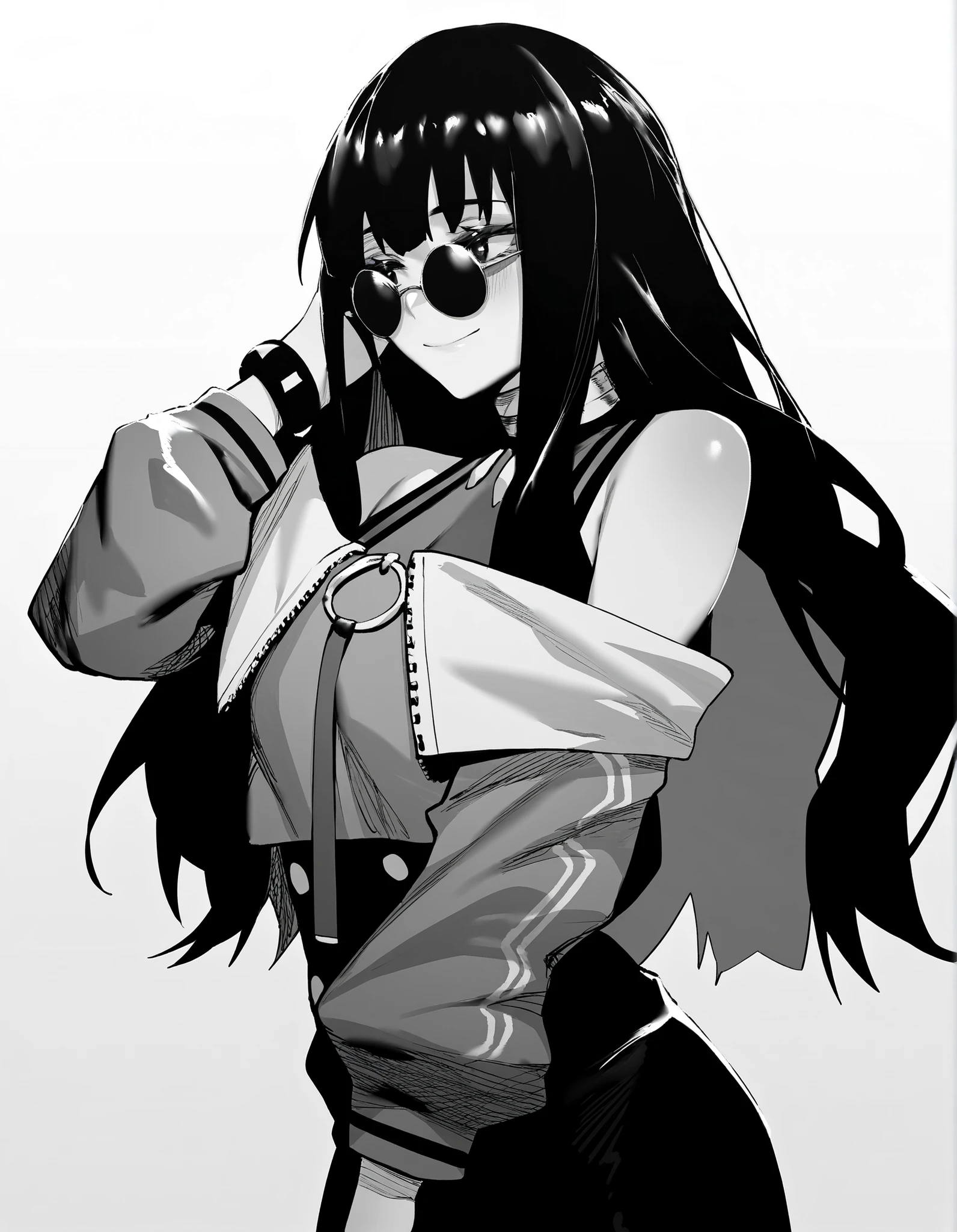 by hxd, monochrome, 1girl, solo, tenochtitlan \(second ascension\) \(fate\), long hair, black hair, sidelocks, wavy hair, eyeliner, jewelry, o-ring, neck ring, buttons, round sunglasses, bracelet, bare shoulders, green jacket, closed jacket, off shoulder, zipper, from side, standing, looking away, smile, gentle, head tilt, white background, masterpiece, best quality, amazing quality, very aesthetic, high resolution