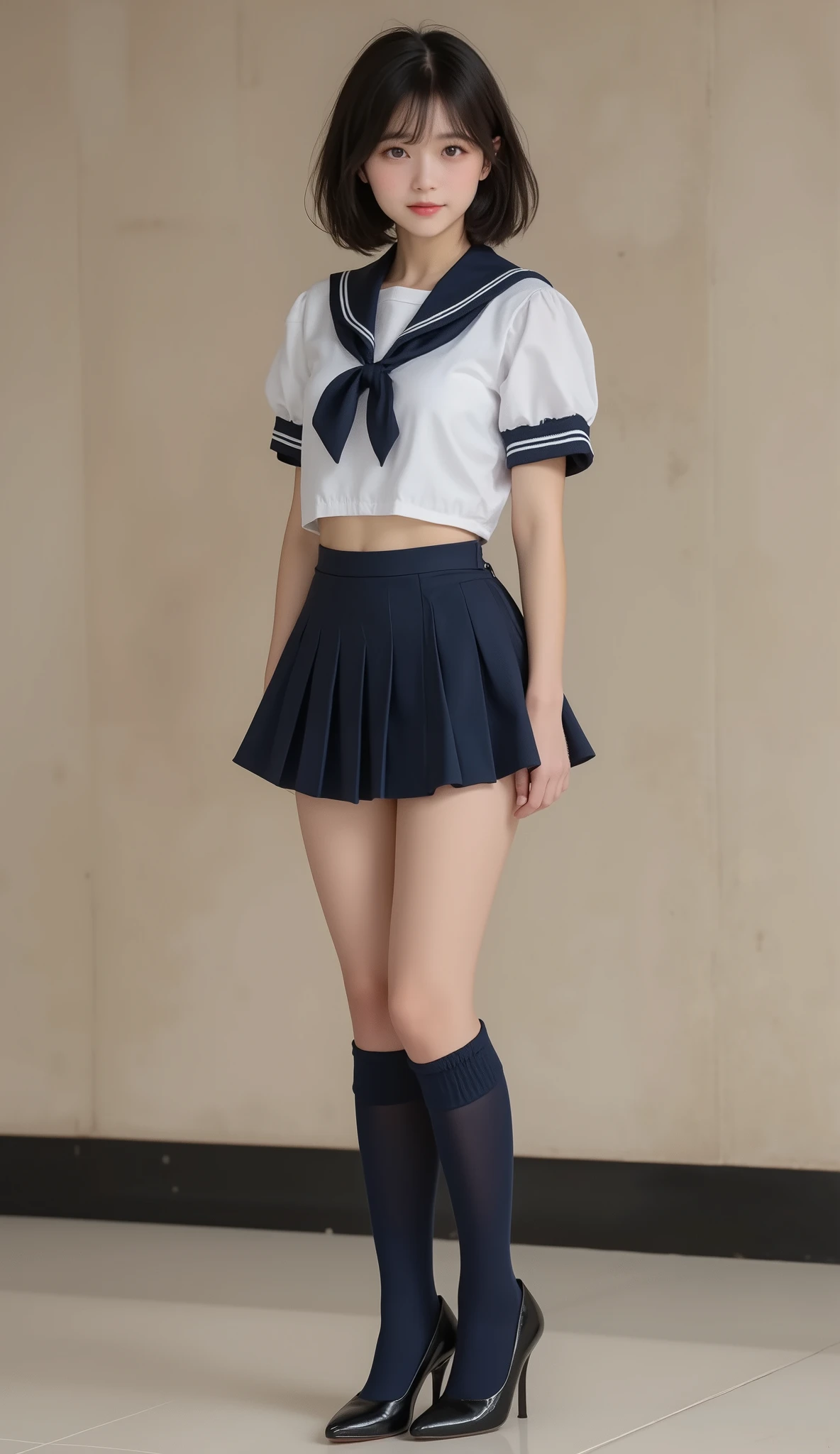 8k,ultra high resolution , Best Quality, masterpiece,rule of thirds,golden ratio,surreal,pictures, one woman,( girl:1.3),cute,cute顔, Beautiful Eyes in Every Detail , 細かくdetails,mature woman,princess,Full body,black hair,Short Bob,ID photo, luxurious and beautiful ,( famous Japanese idol girl),非常にdetailsな, 美しいlikeいアジア人女性の超写実的なデジタルイラスト, fully visible from head to foot in the frame,elegant makeup,she wears a traditional Japanese schoolgirl uniform,wearing a white sailor-colored blouse with perfect clarity, knee-length navy blue pleated skirt,appropriate ribbon tie,like々exudes vibrancy and charm. She's also wearing navy blue knee-high socks and shiny black shoes, complete a classic school uniform,miniskirt,background is a minimalist, subtly textured neutral wall, simple yet effective with her outfit They provide contrast、Put her at the center of focus. The lighting is soft and even , gentle shadows that add depth and realism. The composition is balanced , the subject is placed in the center, let you fully enjoy her outfit and look. The image is rendered in stunning 8K resolution, that captures every detail with perfect clarity,(((smile))),High heels, very delicate expression , delicate eye description,healthy body, ((Female 1)), Height: 160cm ,( thin waist:1.4)、( Beautiful :1.4), pink lips,Profile ,((( ideal figure))),Small A Cup Bust :2, portraits:2、 perfect anatomy 、鮮明な details、 details,thin lips,Perfect and beautiful face ,完璧でcute顔, meticulous skin , perfect limb that wraps around the body,thin waist, surreal,Light and Dark,fashion magazine cover,stage lights