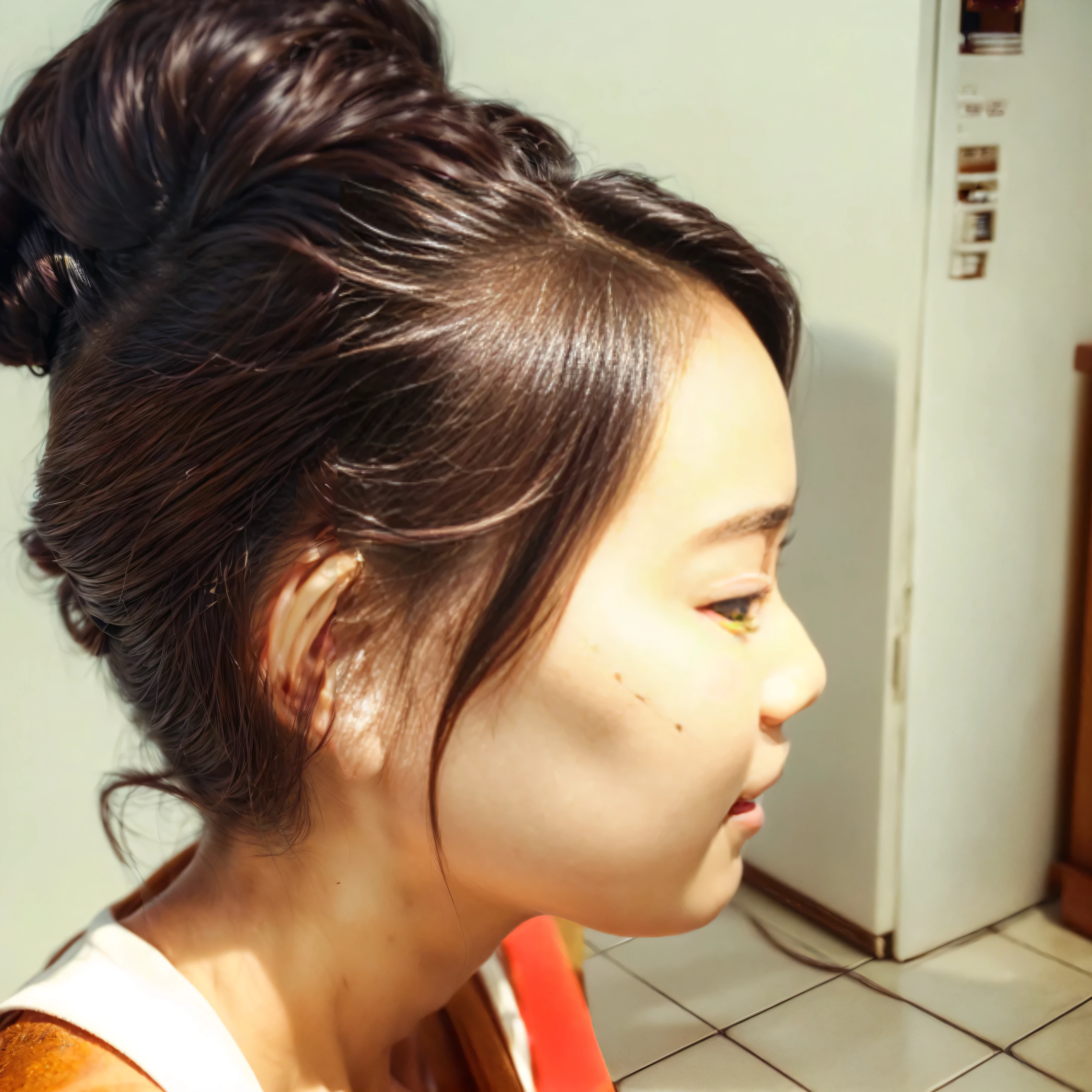 (((side profile shot))) there is a YOUNG CUTE Japanese girl with a white shirt, side shot, hair bun, with dark hair tied up in a bun, hair styled in a bun, captivating and enticing, pale light skin, highly detailed eyes, perfect anatomy, super detailed skin, dark brown hair, wavy hair, very long hair, forehead, pretty eyes, blush, highly detailed face, highly detailed eyes, perfect anatomy, super detailed skin, sensual sexy smile (Looking intently at the viewer), beautiful face ultra-detailed hyper detailed face、Detailed lips、A detailed eyes, (realistic, photorealistic, photo-realistic:1.37) (Realistic), (RAW Photography), ((best quality)), ((masterpiece)), (detailed), Beautiful white and shining skin (Detailed perfect facial details), (((ultra detailed skin, Lifelike, 4k hd, DSLR, lifelike, masterpiece, natural lifelike perfect color, perfect clear lighting, breathtaking lifelike details, perfect anatomy, (realistic, photorealistic, photo-realistic:1.37) (Realistic), (RAW Photography), ((best quality)), (Detailed perfect facial details), ((((hyper real photo, hyperrealistic, hyperrealistic picture)) , perfect anatomy, super detailed skin, (((ultra detailed skin, Lifelike, 4k hd, DSLR, lifelike, masterpiece, natural lifelike perfect color, perfect clear lighting, breathtaking lifelike details satisfied pose, she is smiling and excited, she is posing