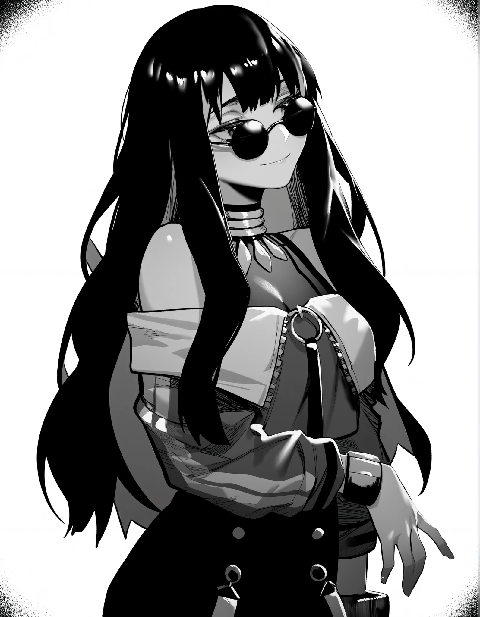 by hxd, monochrome, 1girl, solo, tenochtitlan \(second ascension\) \(fate\), long hair, black hair, sidelocks, wavy hair, eyeliner, jewelry, o-ring, neck ring, buttons, round sunglasses, bracelet, bare shoulders, green jacket, closed jacket, off shoulder, zipper, from side, standing, looking away, smile, gentle, head tilt, white background, masterpiece, best quality, amazing quality, very aesthetic, high resolution